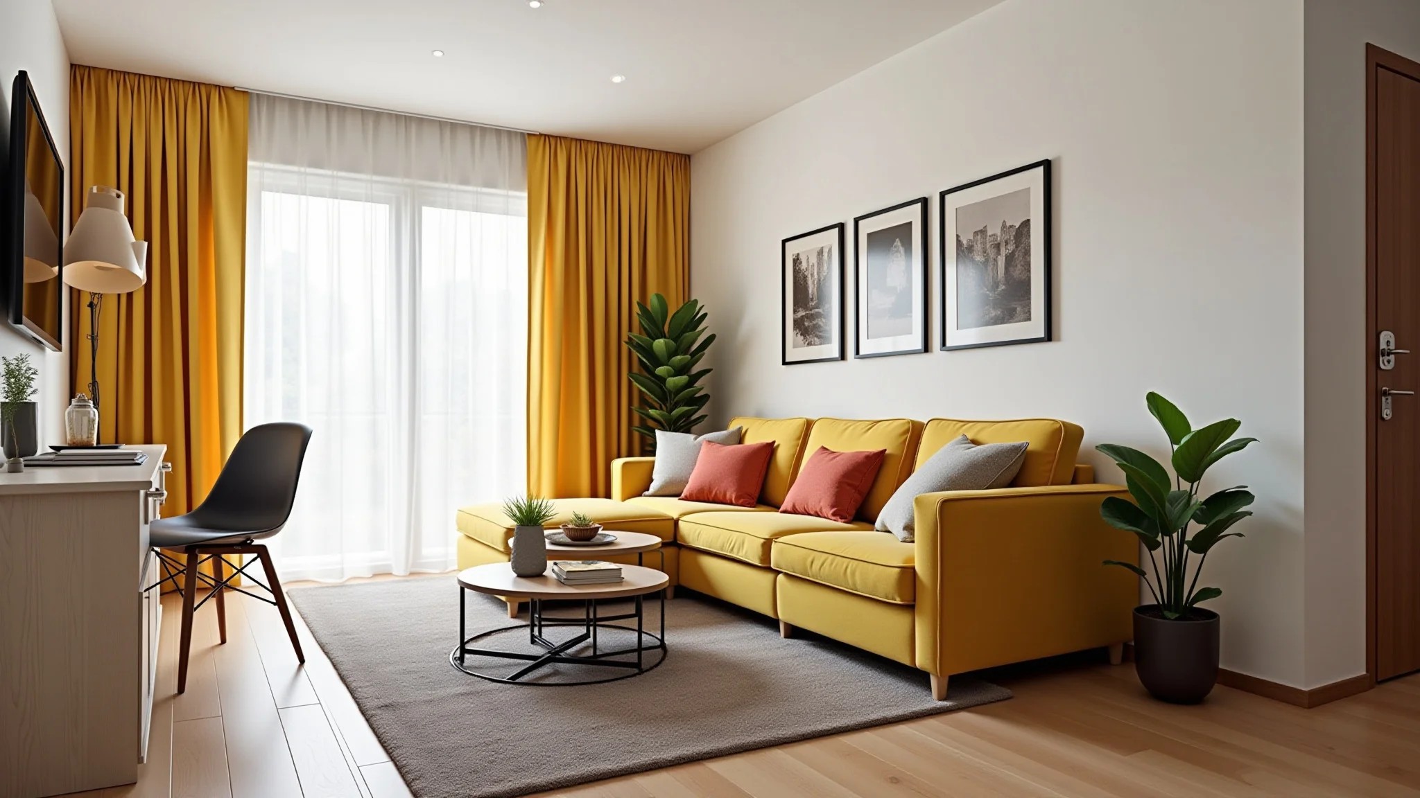 Sofá de canto em apartamento pequeno, design que economiza espaço, cores vibrantes e decoração brasileira.