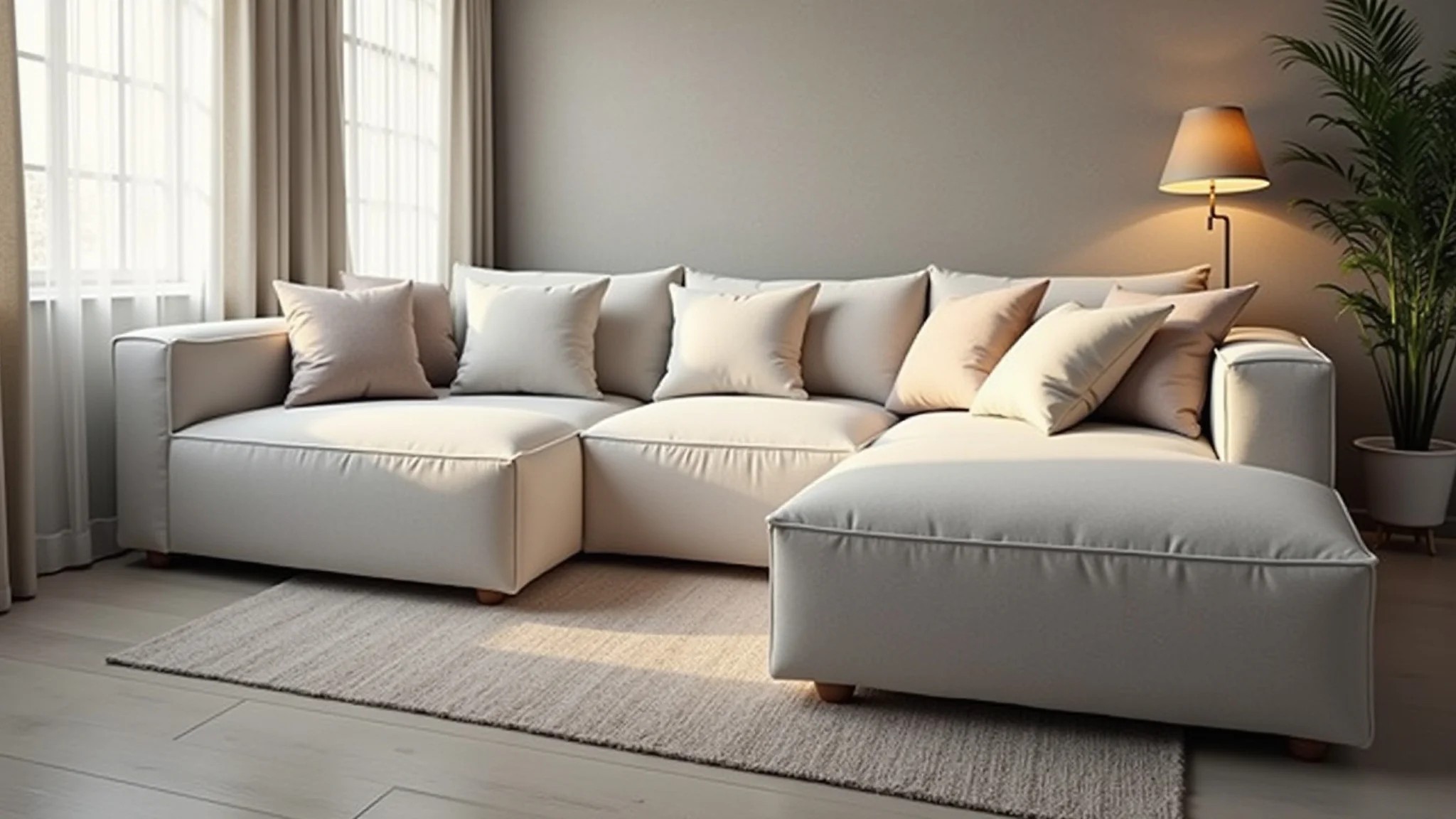 Sofá de canto com chaise, sala aconchegante, iluminação suave e almofadas confortáveis.