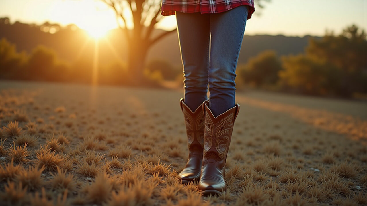 Estilo country western: bota de cowboy e camisa xadrez em fazenda no Brasil.