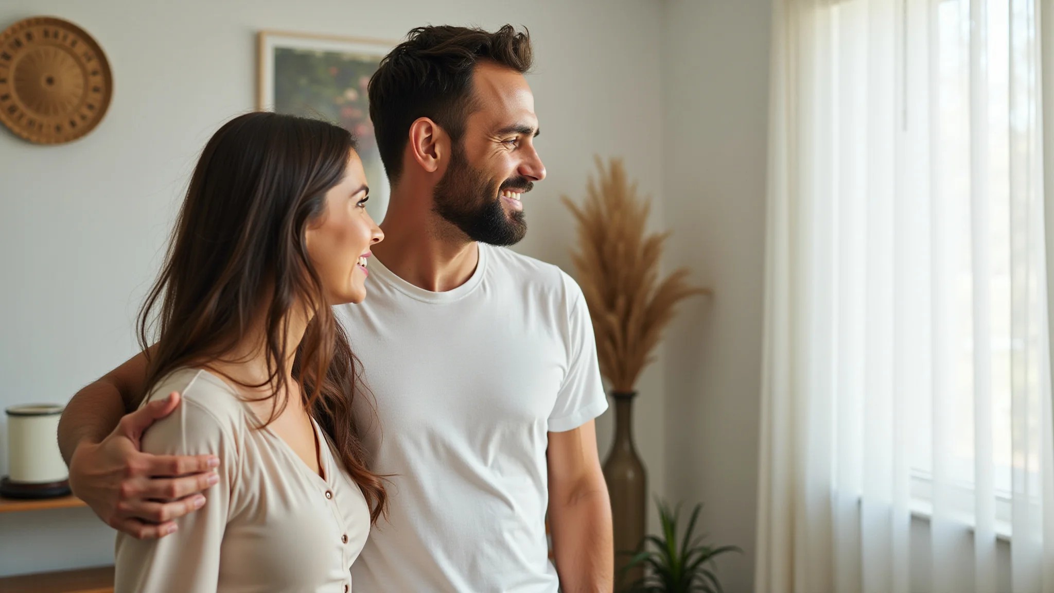 Casal em roupas de algodão, estilo casual chic, celebrando 2º aniversário em casa.