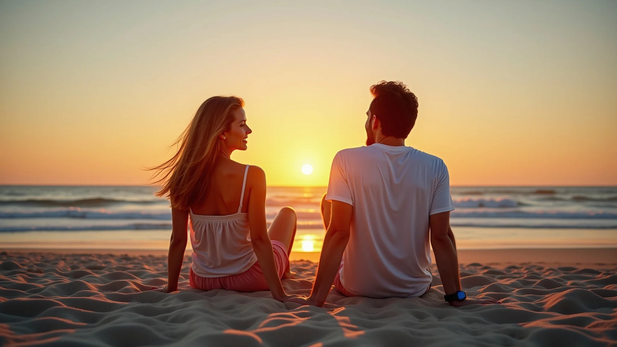 Casal relaxando na Praia do Rosa, apreciando o pôr do sol.