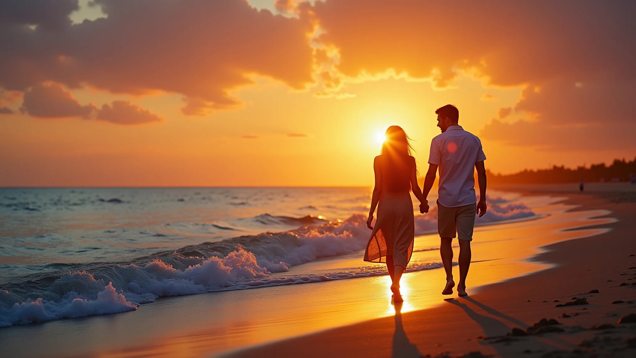 Casal caminhando de mãos dadas na praia de Balneário Camboriú ao pôr do sol.