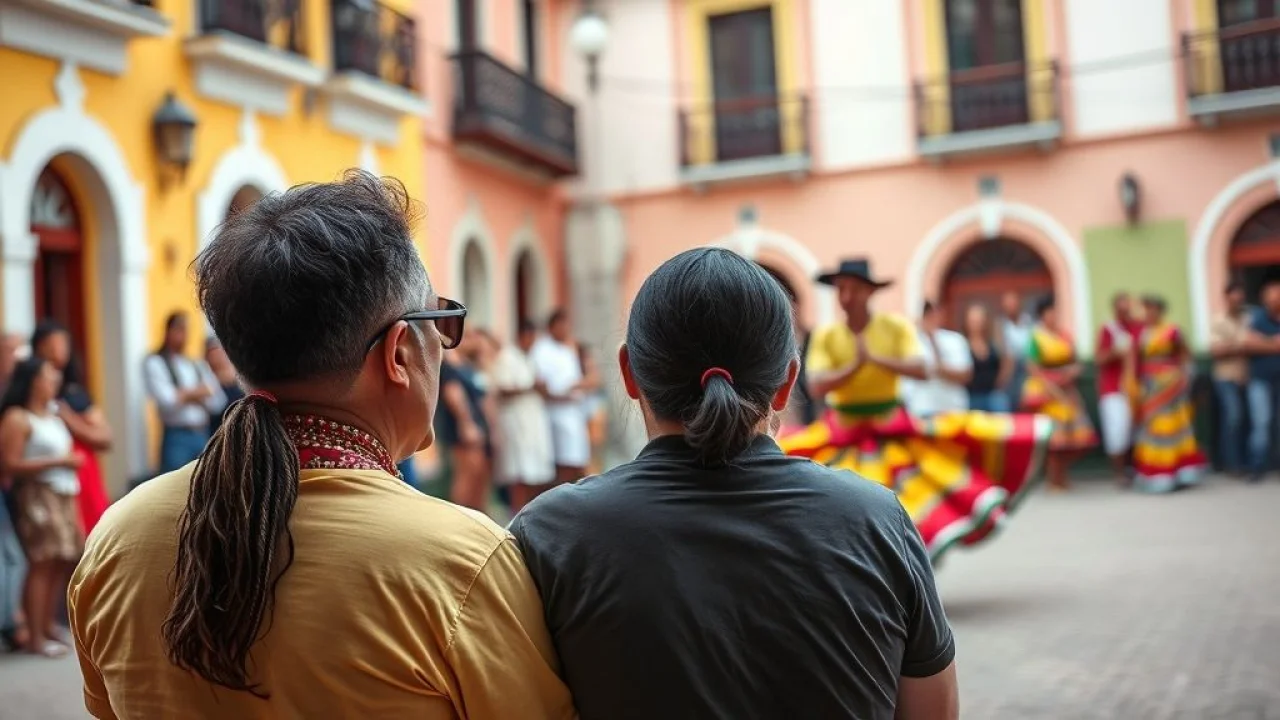 Casal assistindo a um show de capoeira no Pelourinho, Salvador.