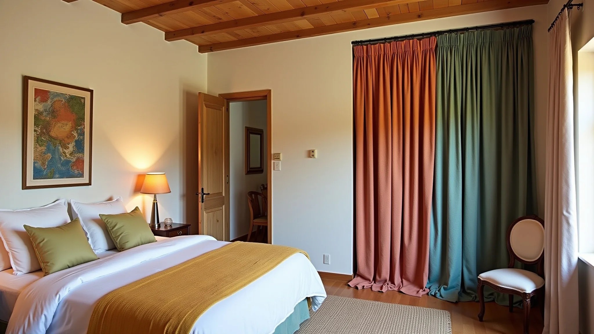 Quarto de casal charmoso com closet fechado por cortinas coloridas em estilo Farm Rio.