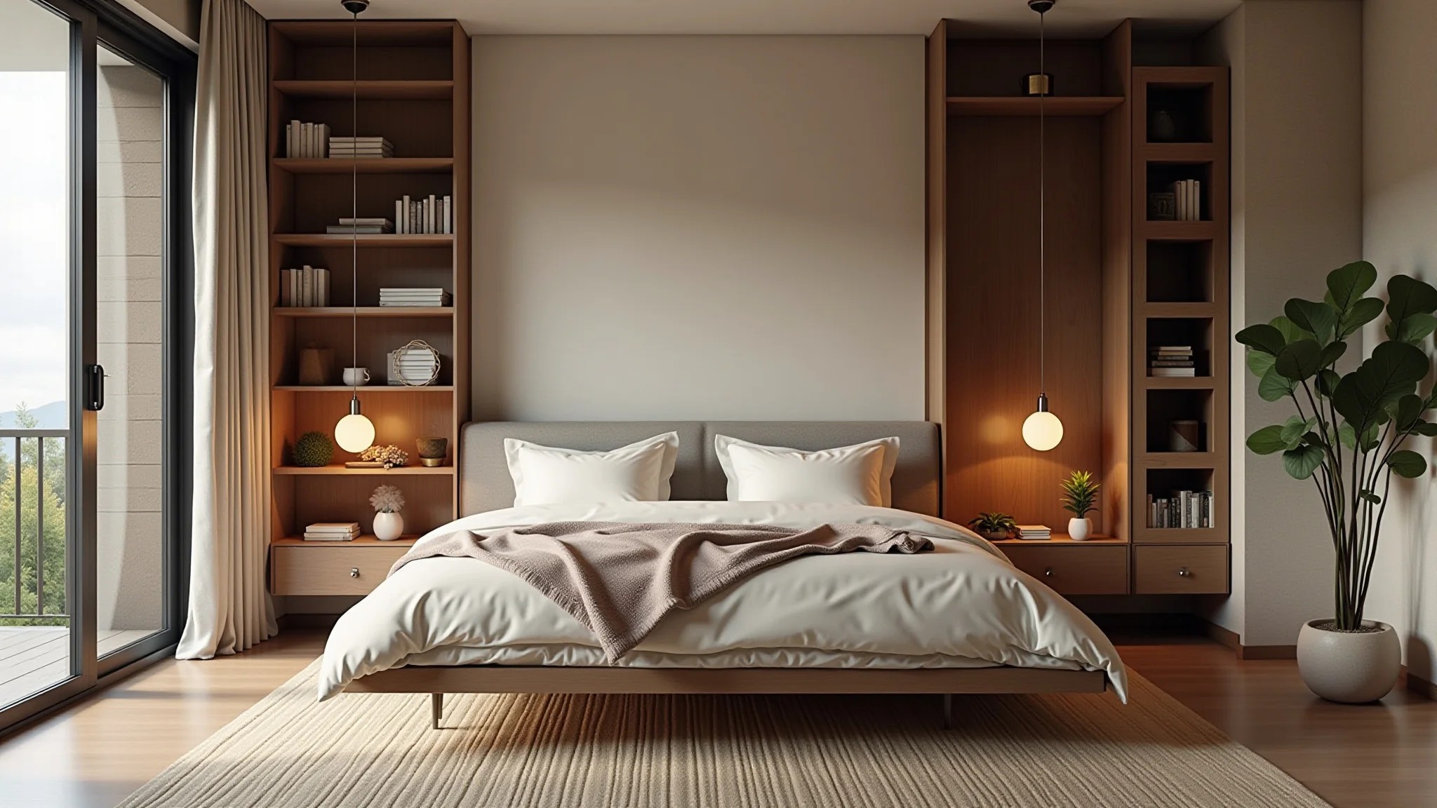 Quarto de casal com cama suspensa e espaço de leitura aconchegante embaixo.