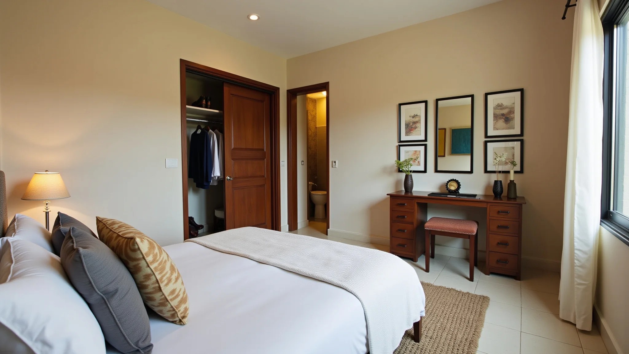 Quarto de casal com closet planejado e penteadeira, iluminação vibrante.