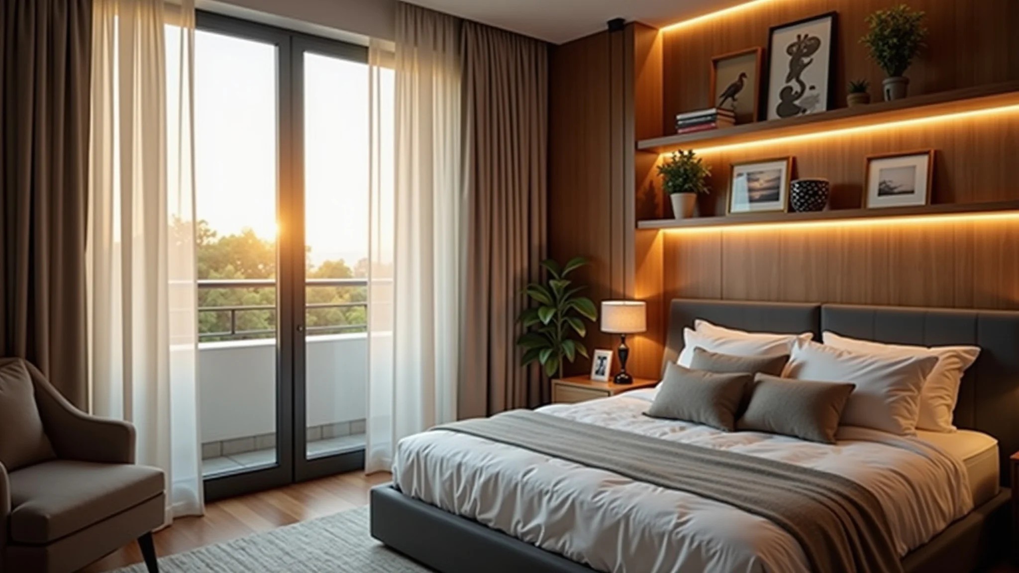Quarto de casal com prateleiras planejadas e iluminação decorativa.