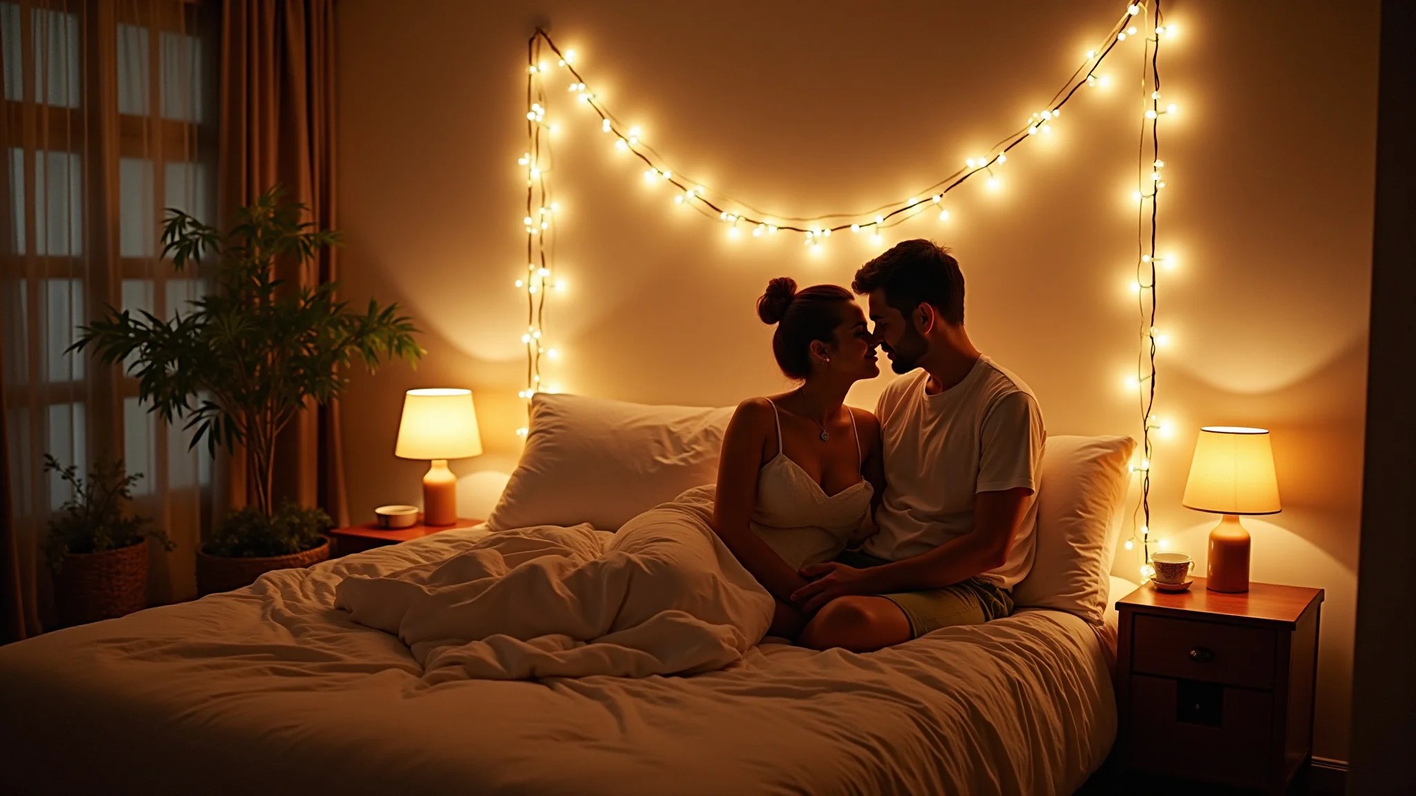 Quarto de casal com cordão de luz criando ambiente acolhedor.