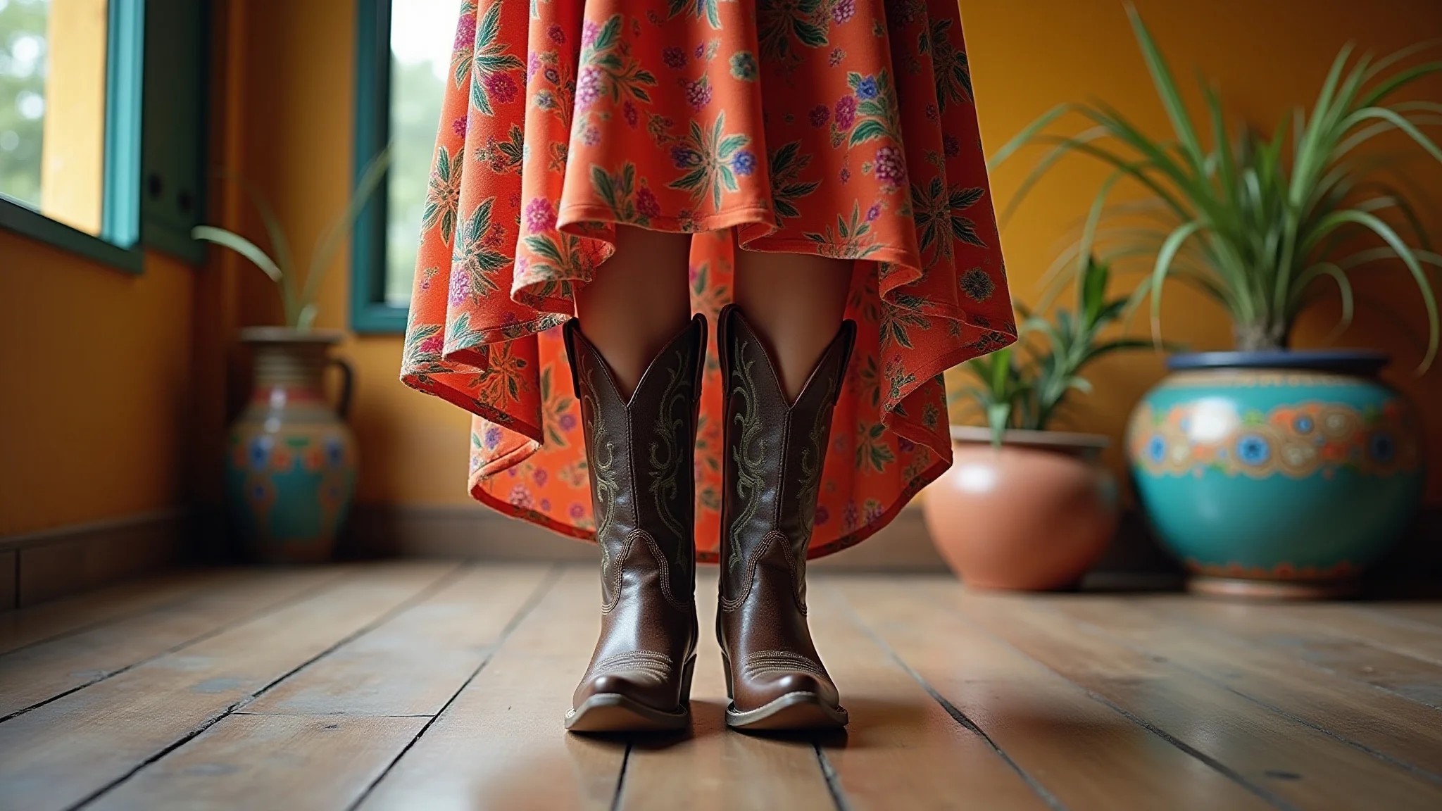 Bota de cowboy com vestido floral em interior colorido estilo 'Farm Rio'.