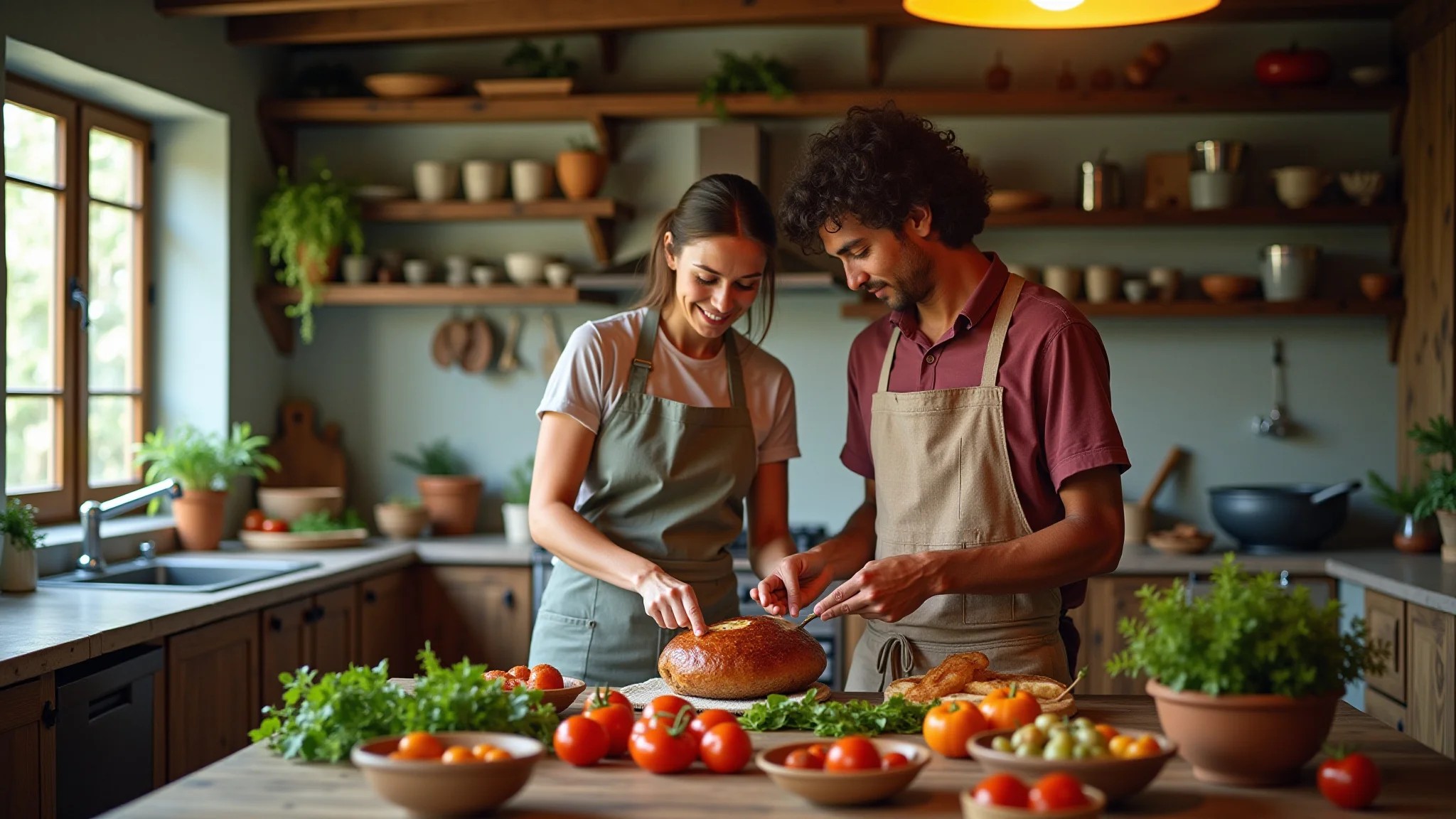 Família brasileira em cozinha americana com bancada em ilha.