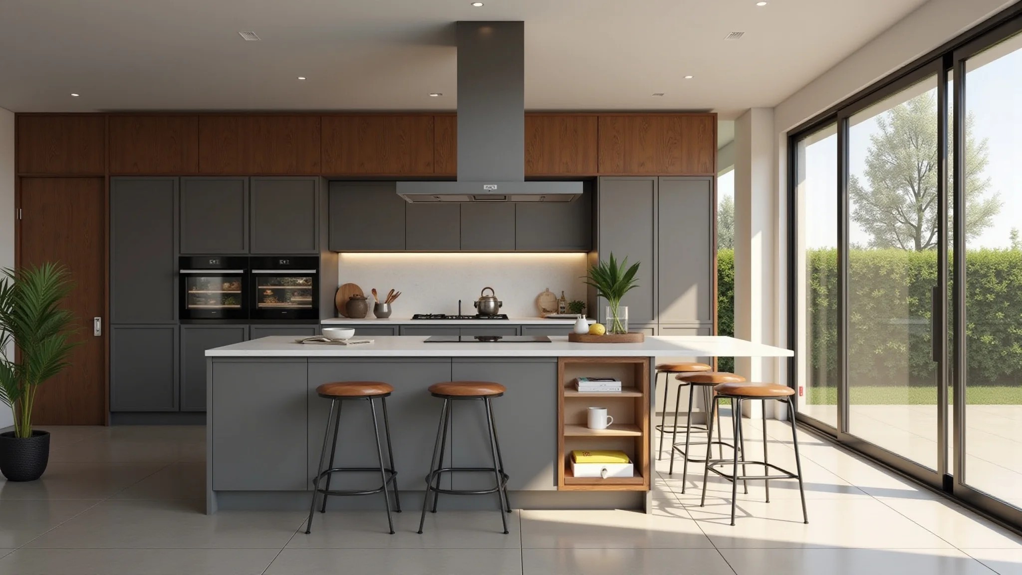 Família usando eletrodomésticos em cozinha moderna com tomadas 10A e 20A.