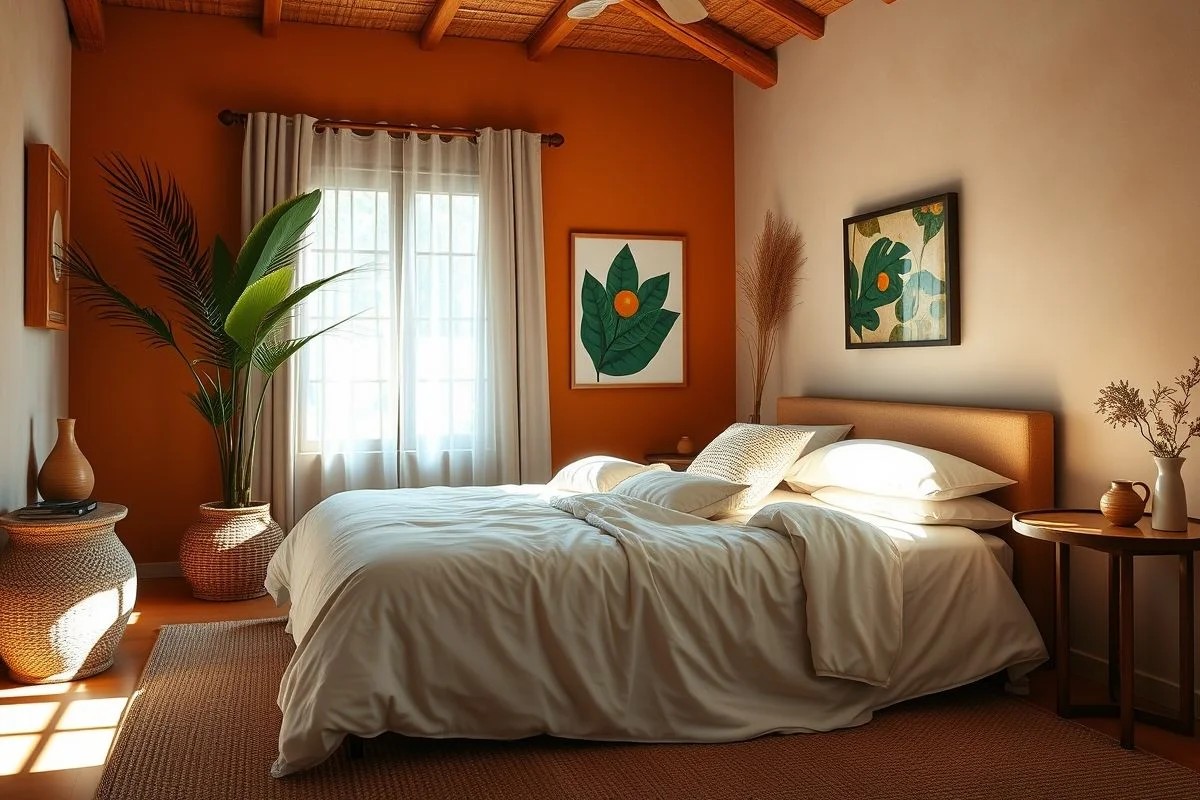 Quarto aconchegante com cama convidativa e iluminação suave.