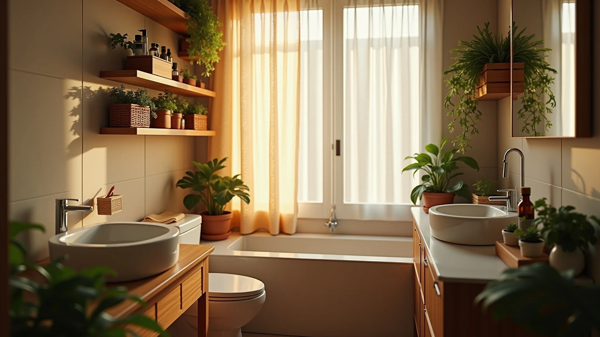 Banheiro aconchegante com cortina nova, plantas e prateleiras organizadas.
