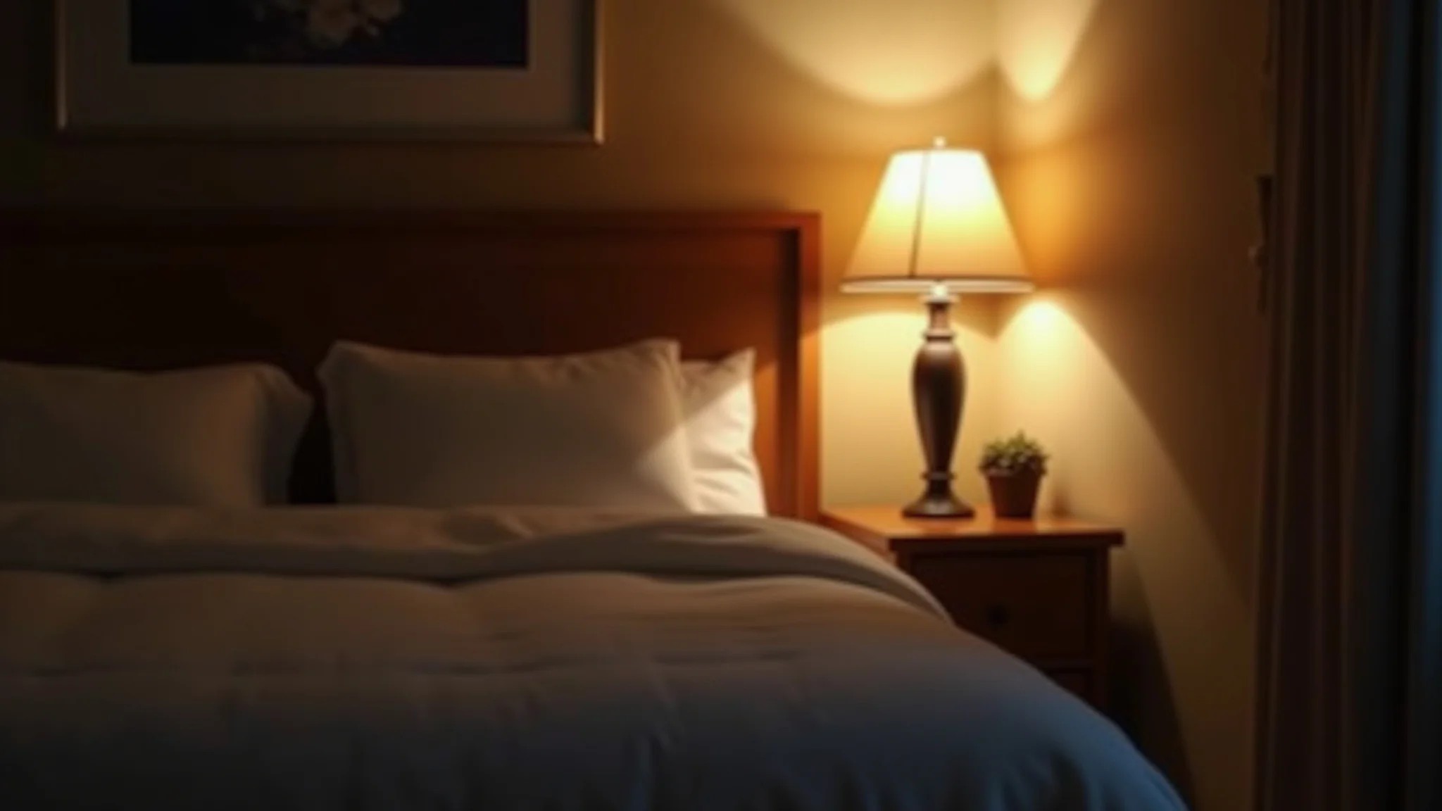 Quarto aconchegante à noite com abajur criando uma atmosfera relaxante.