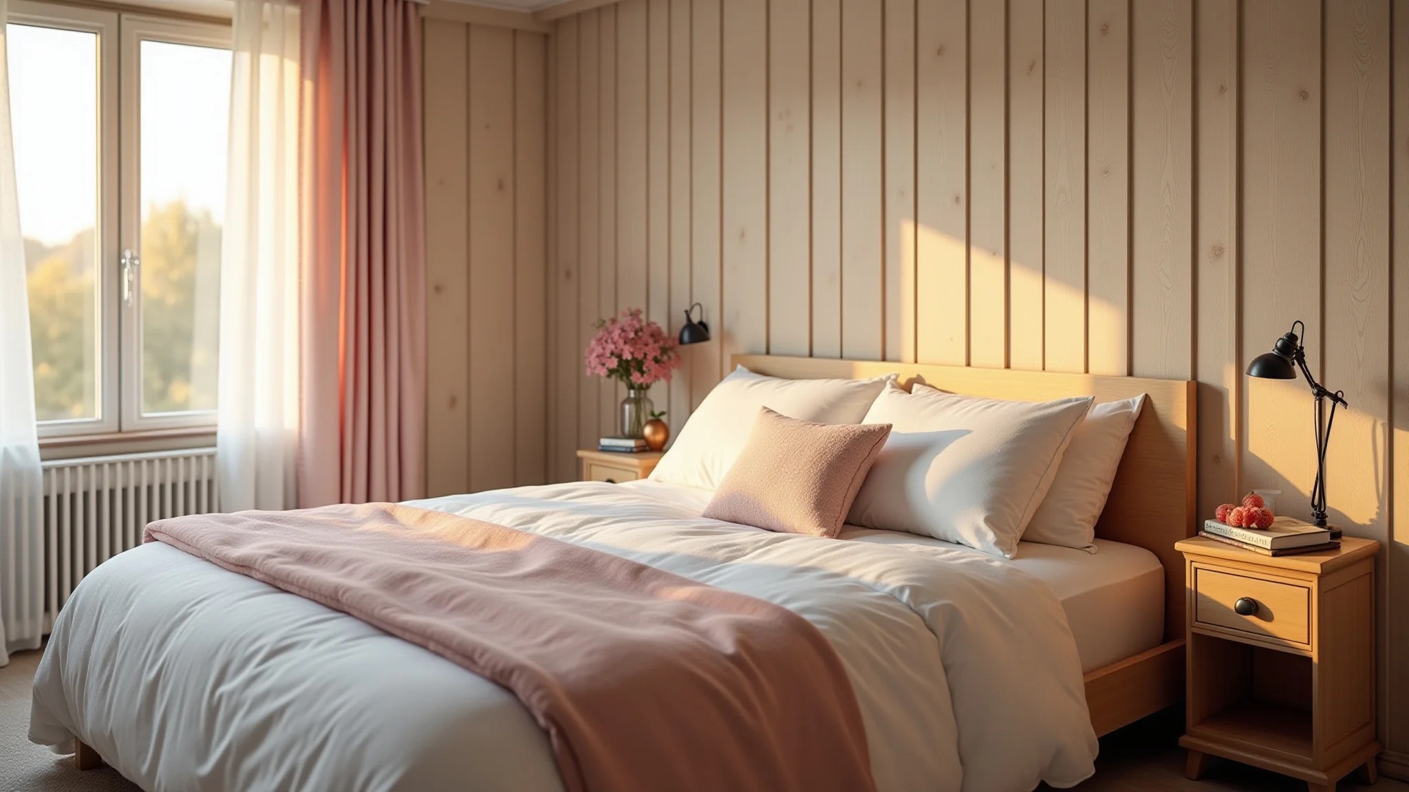 Quarto aconchegante com parede de boiserie e cores pastel.