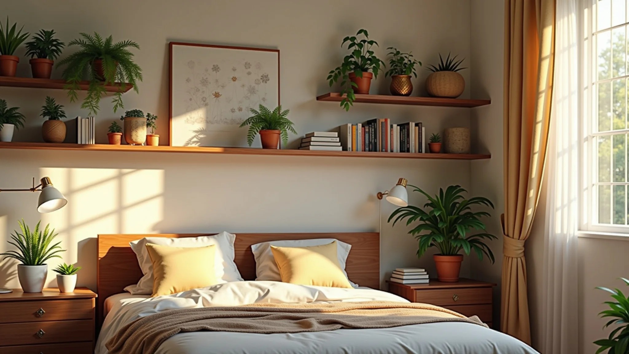 Canto aconchegante com prateleiras, plantas, livros e decoração.