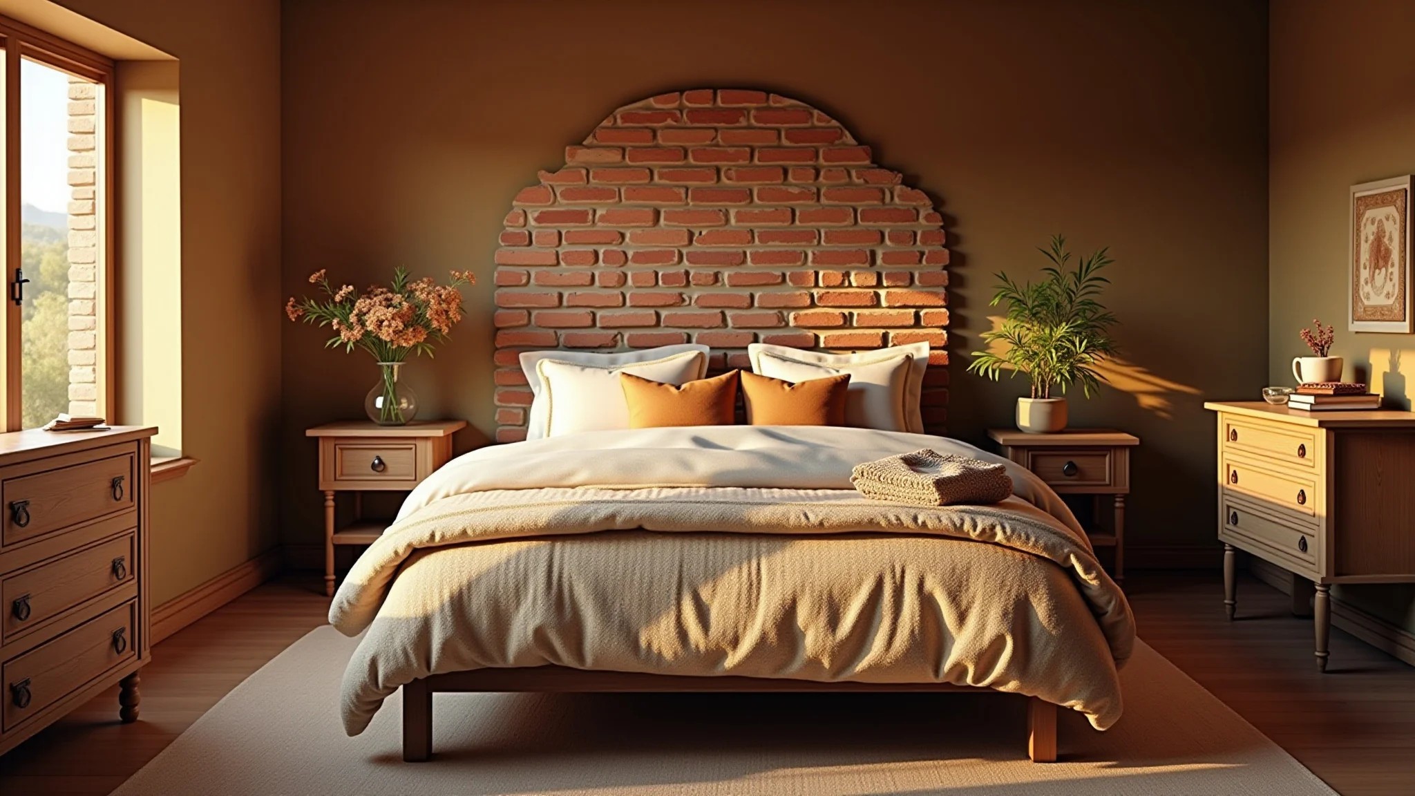 Quarto aconchegante com cabeceira de tijolinho, iluminação suave e roupa de cama em estilo brasileiro.
