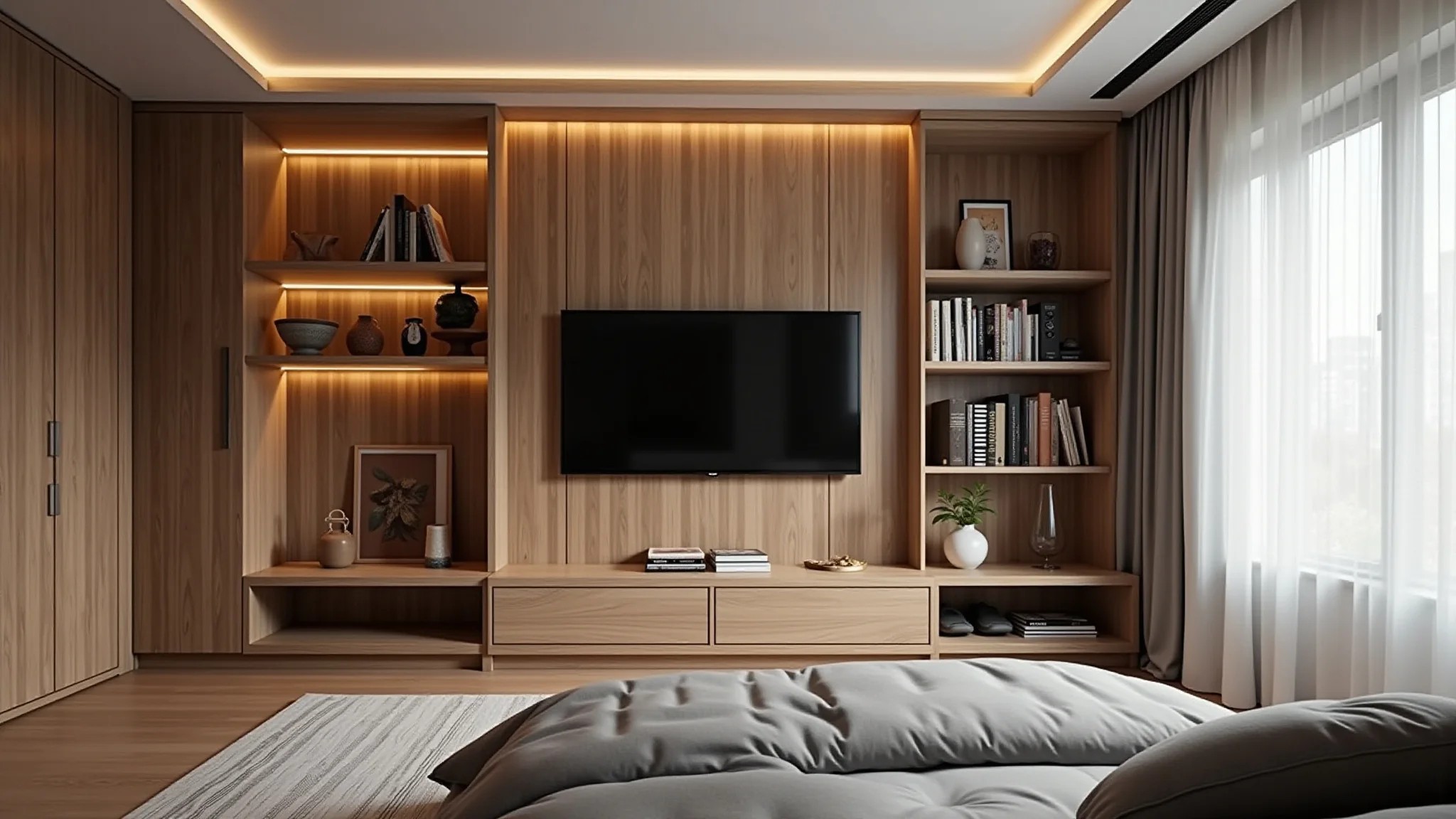 Quarto aconchegante com painel de TV de madeira e prateleiras.