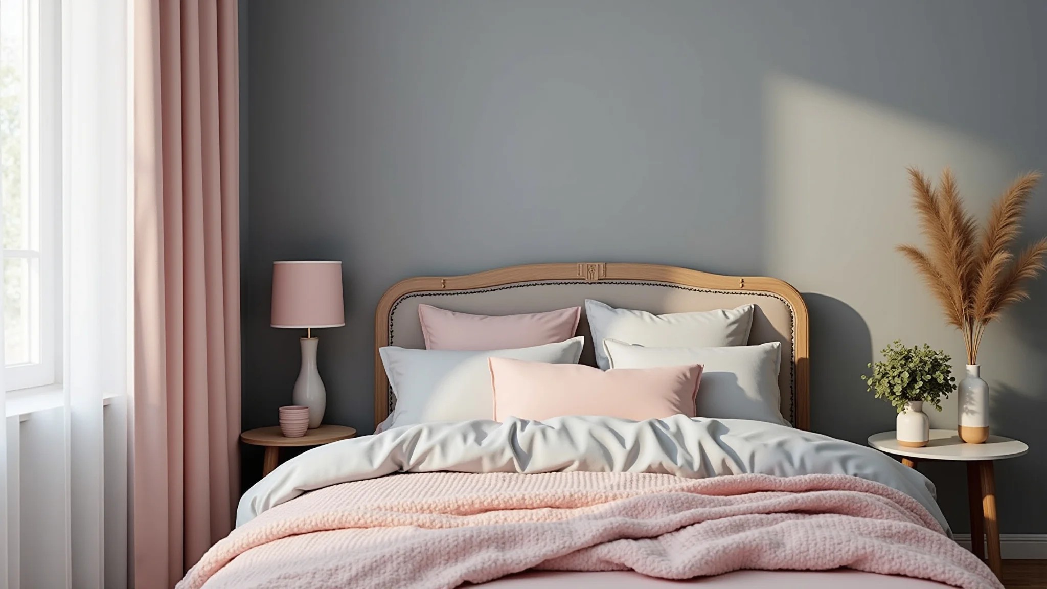 Quarto aconchegante com tons de cinza e decoração rosa pastel suave.