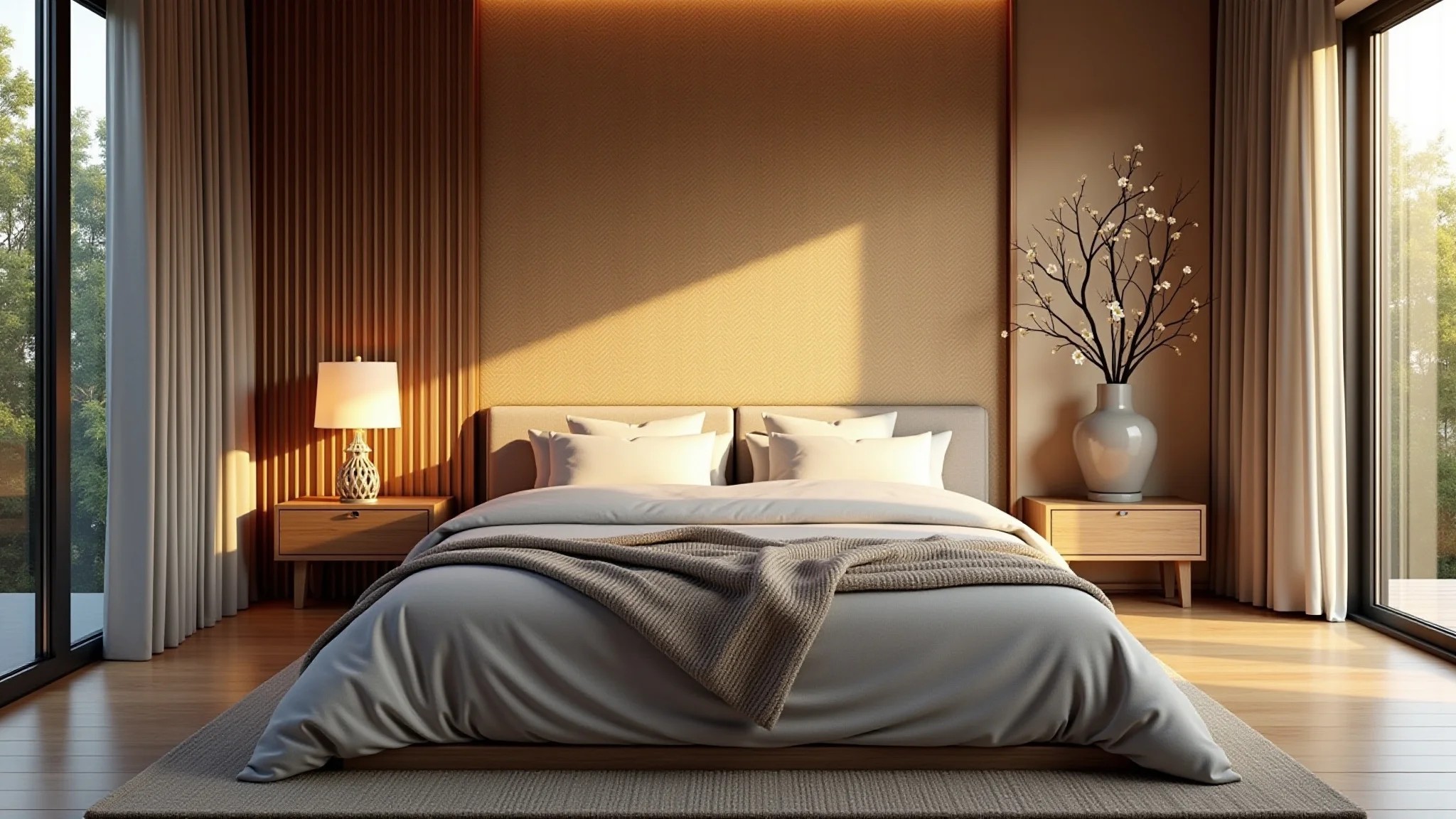 Quarto aconchegante com papel de parede texturizado e decoração em estilo brasileiro.