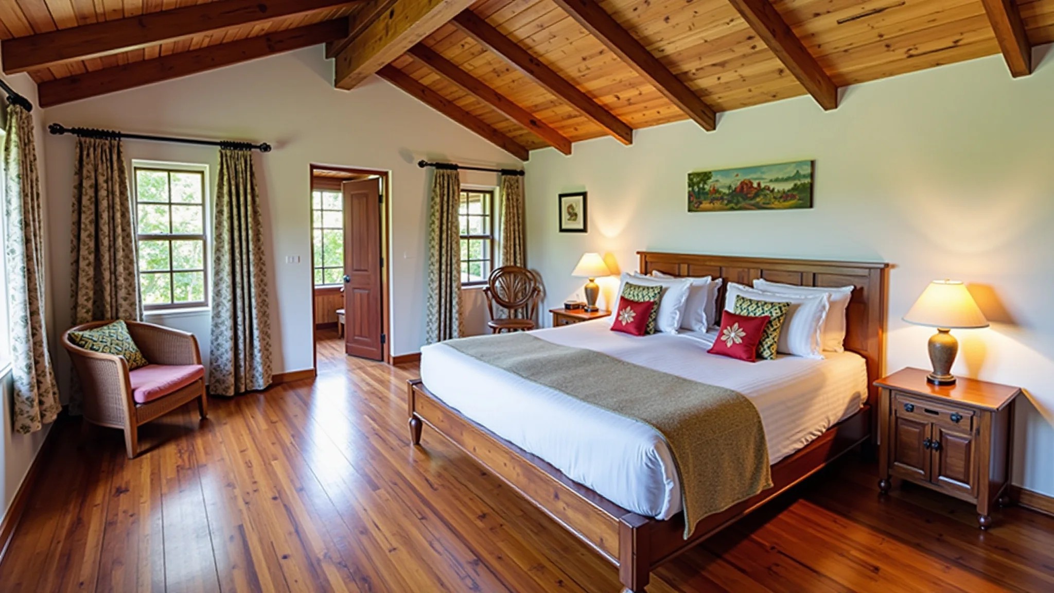 Quarto aconchegante com piso de madeira garapeira e decoração vibrante estilo Farm Rio.