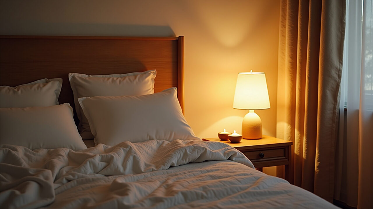 Quarto com iluminação aconchegante e velas aromáticas.