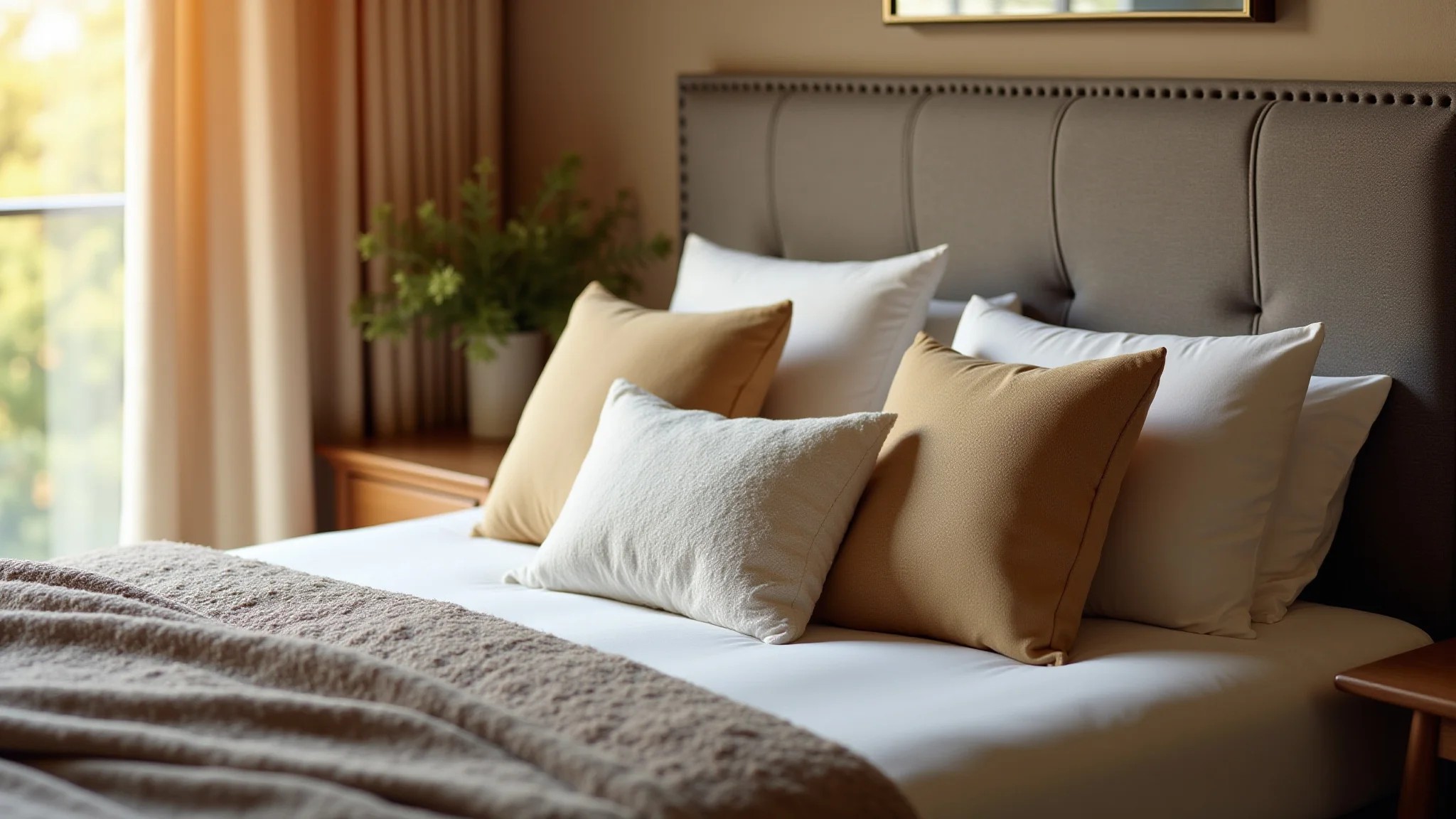 Quarto aconchegante com cabeceira estofada, luz natural e design brasileiro.