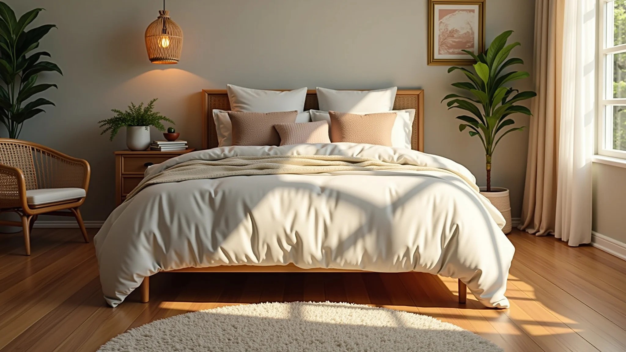 Quarto aconchegante com piso vinílico que imita madeira e decoração em estilo brasileiro.