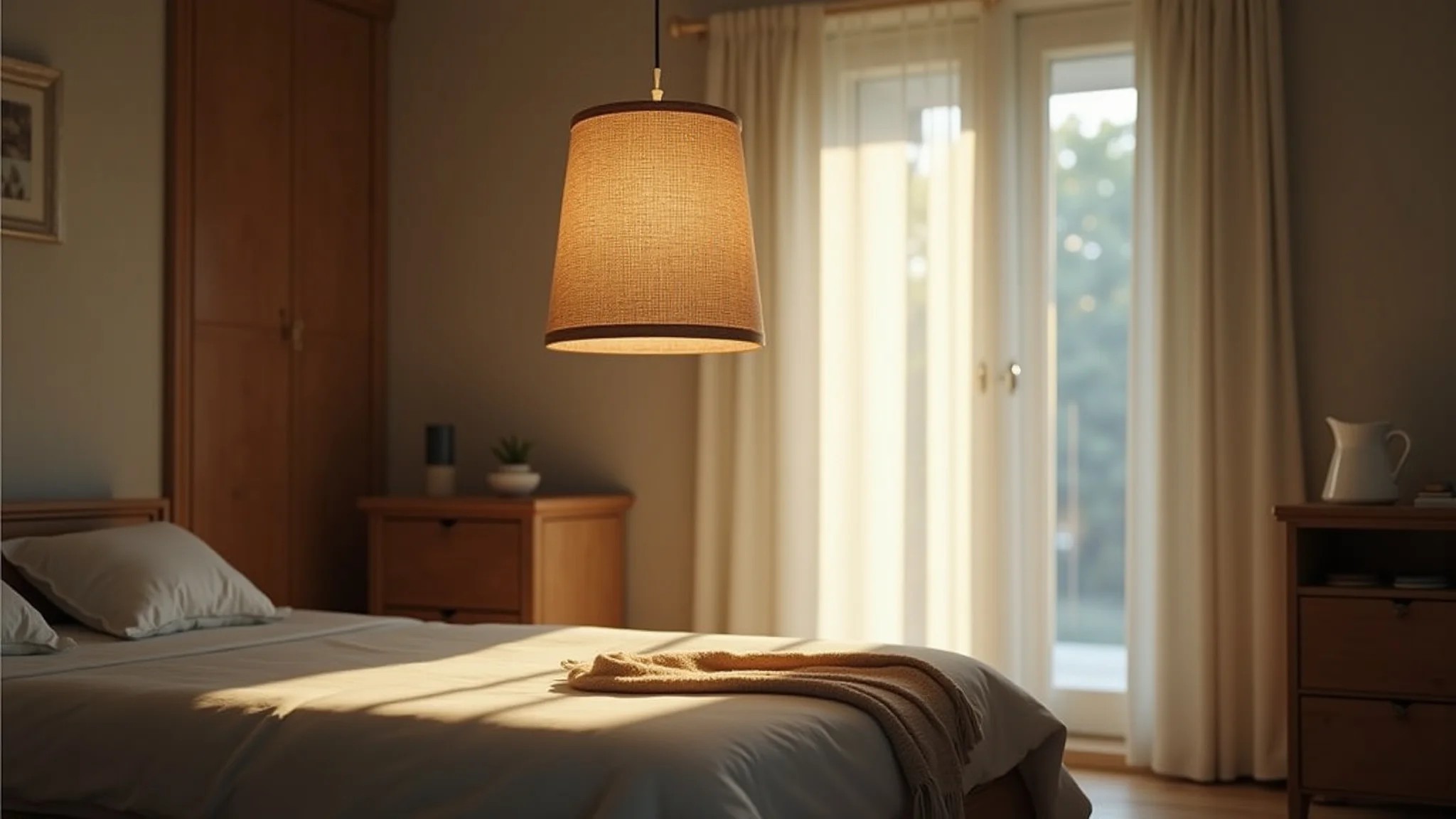 Quarto aconchegante com luminária pendente de tecido emitindo luz quente.