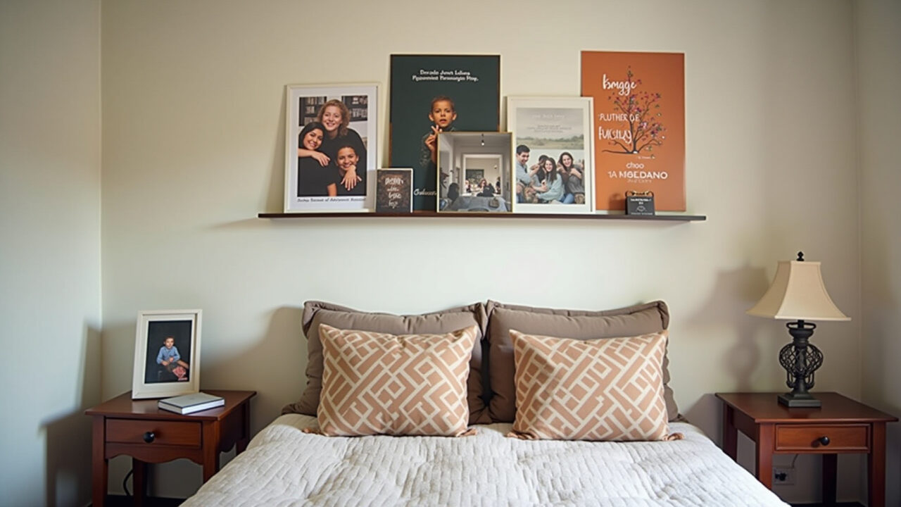 Quarto aconchegante com prateleira para quadros exibindo fotos e pôsteres.