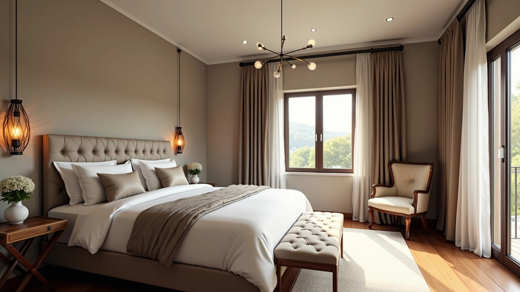 Quarto aconchegante com cabeceira estofada elegante e iluminação natural.