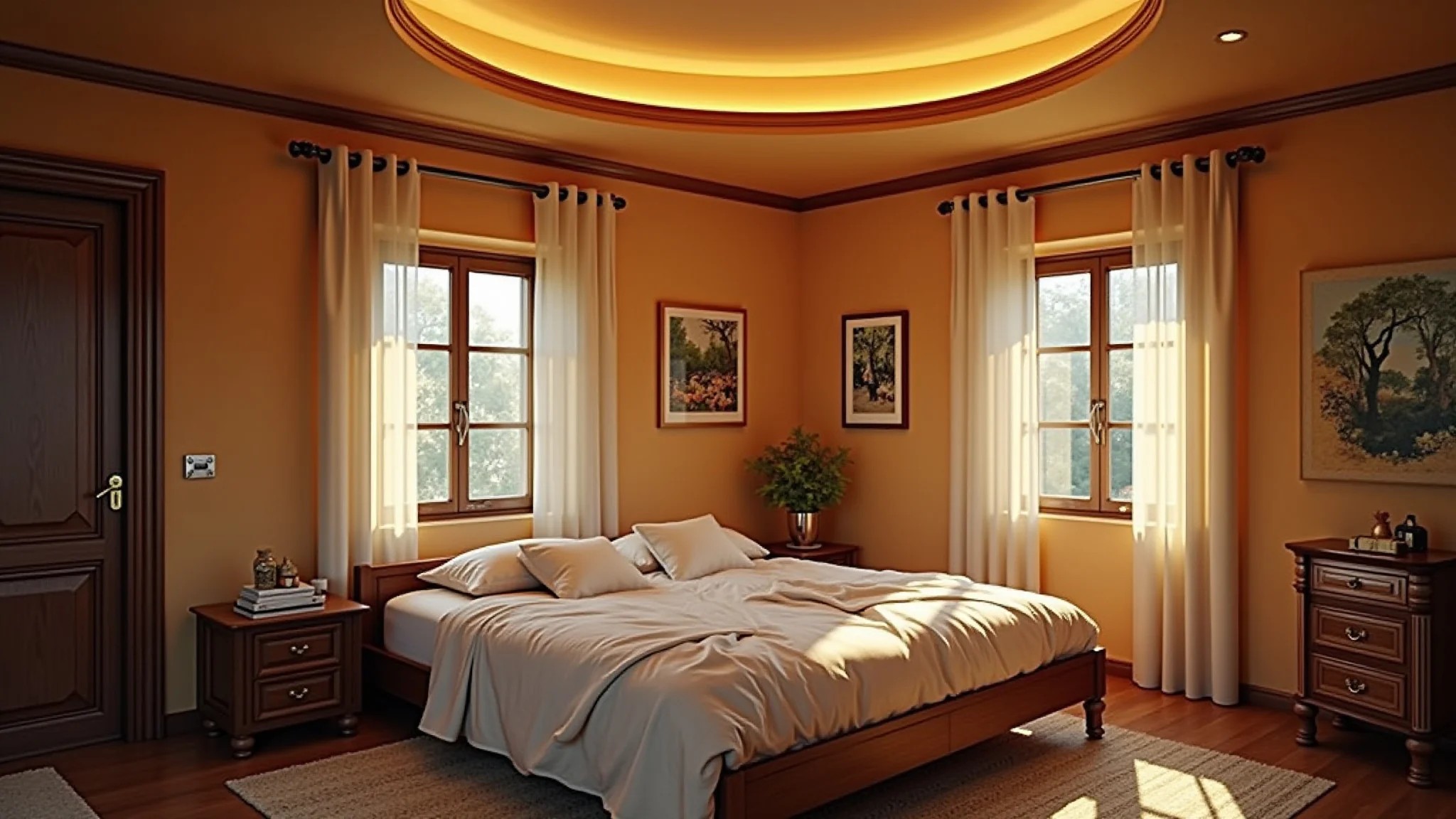 Quarto aconchegante com luminária de teto de tons quentes, criando atmosfera relaxante.