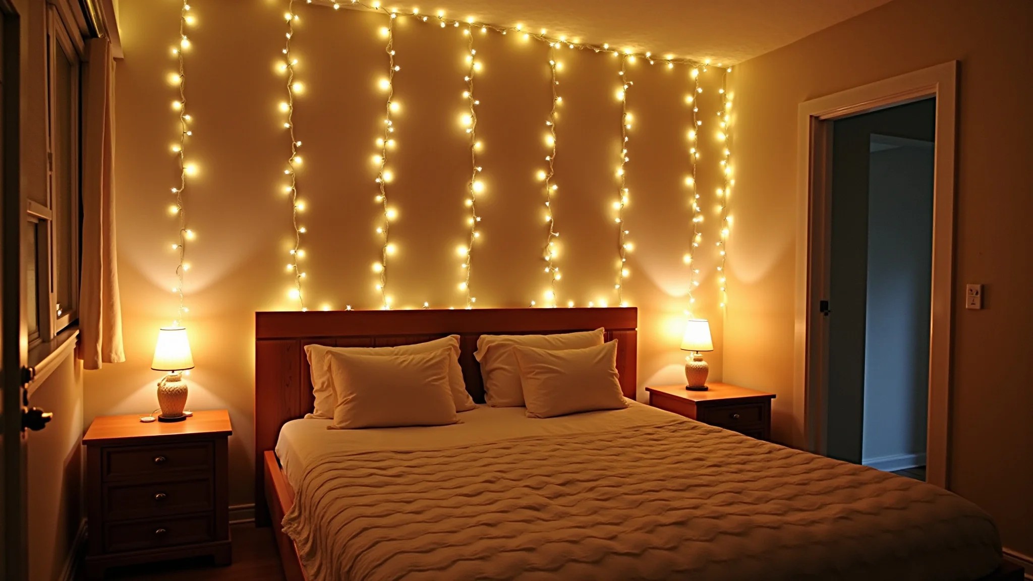 Quarto aconchegante com pisca pisca criando efeito de céu estrelado no teto.