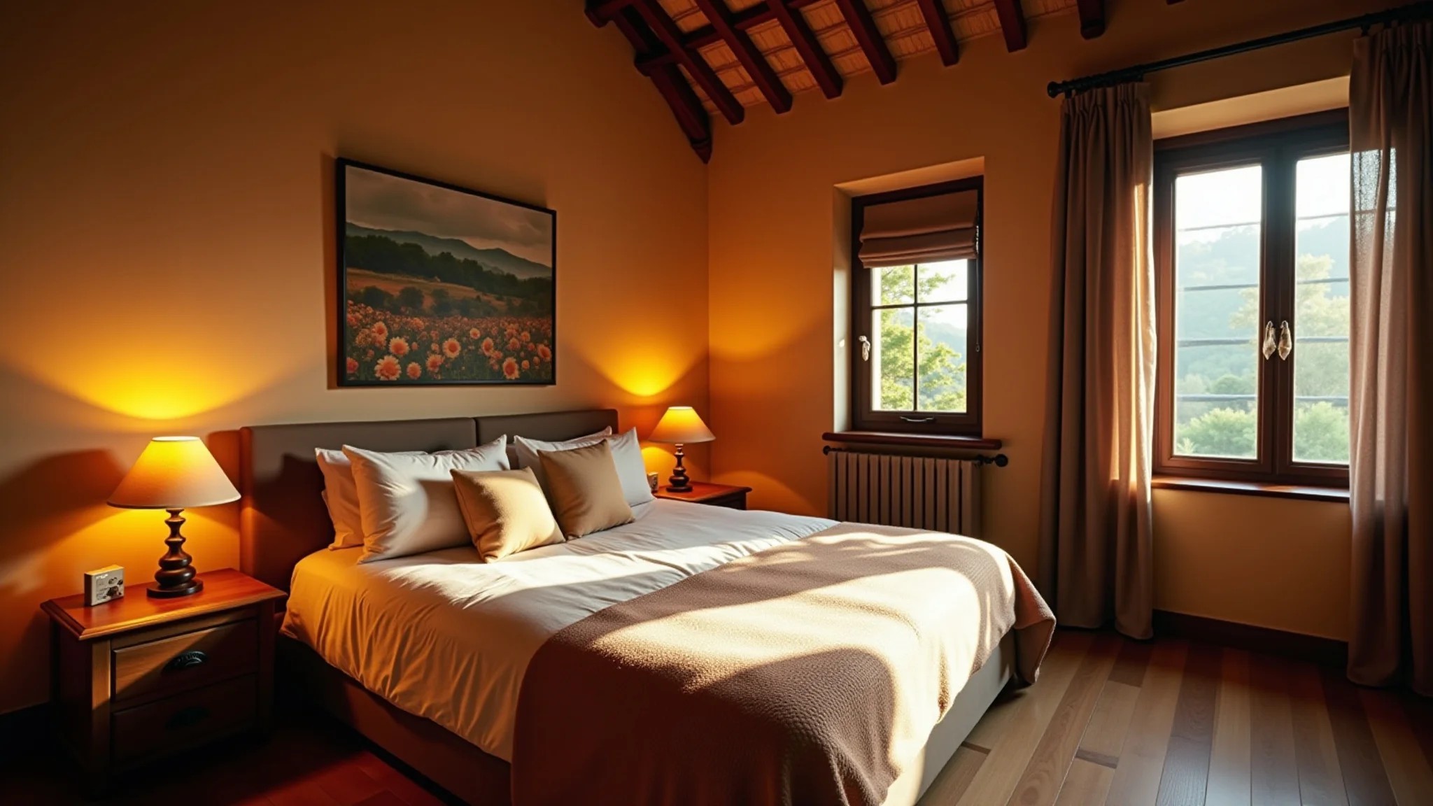 Quarto aconchegante com spots de luz amarelada criando ambiente relaxante.
