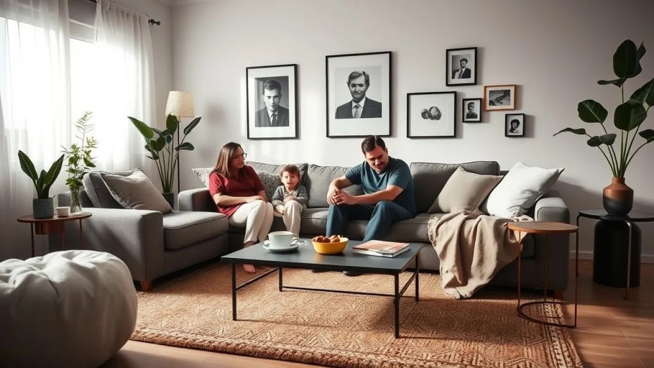 Família brasileira em sala de estar preta e branca aconchegante com iluminação suave