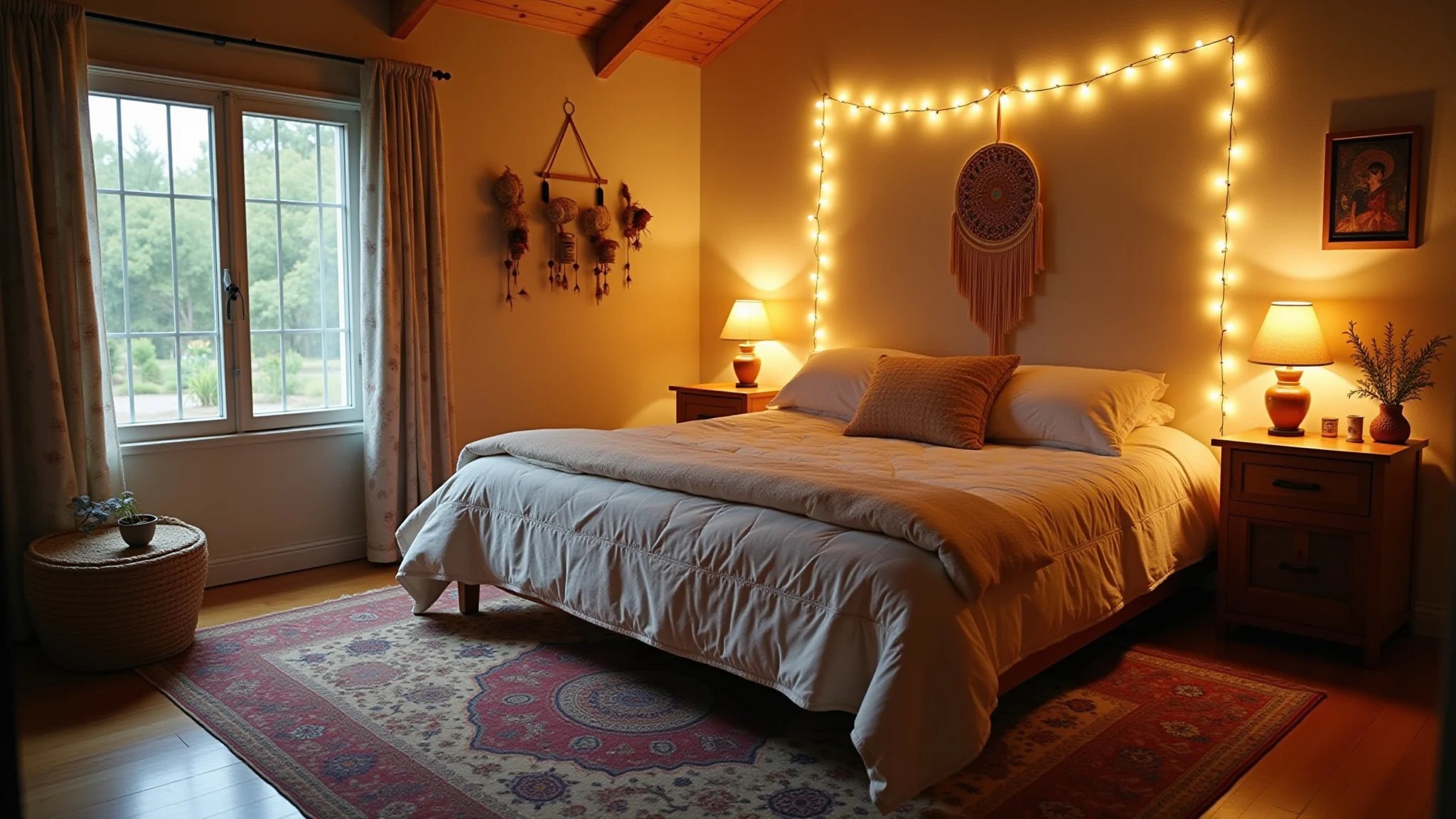 Quarto boho aconchegante com luzes, filtro dos sonhos e tapete estampado.