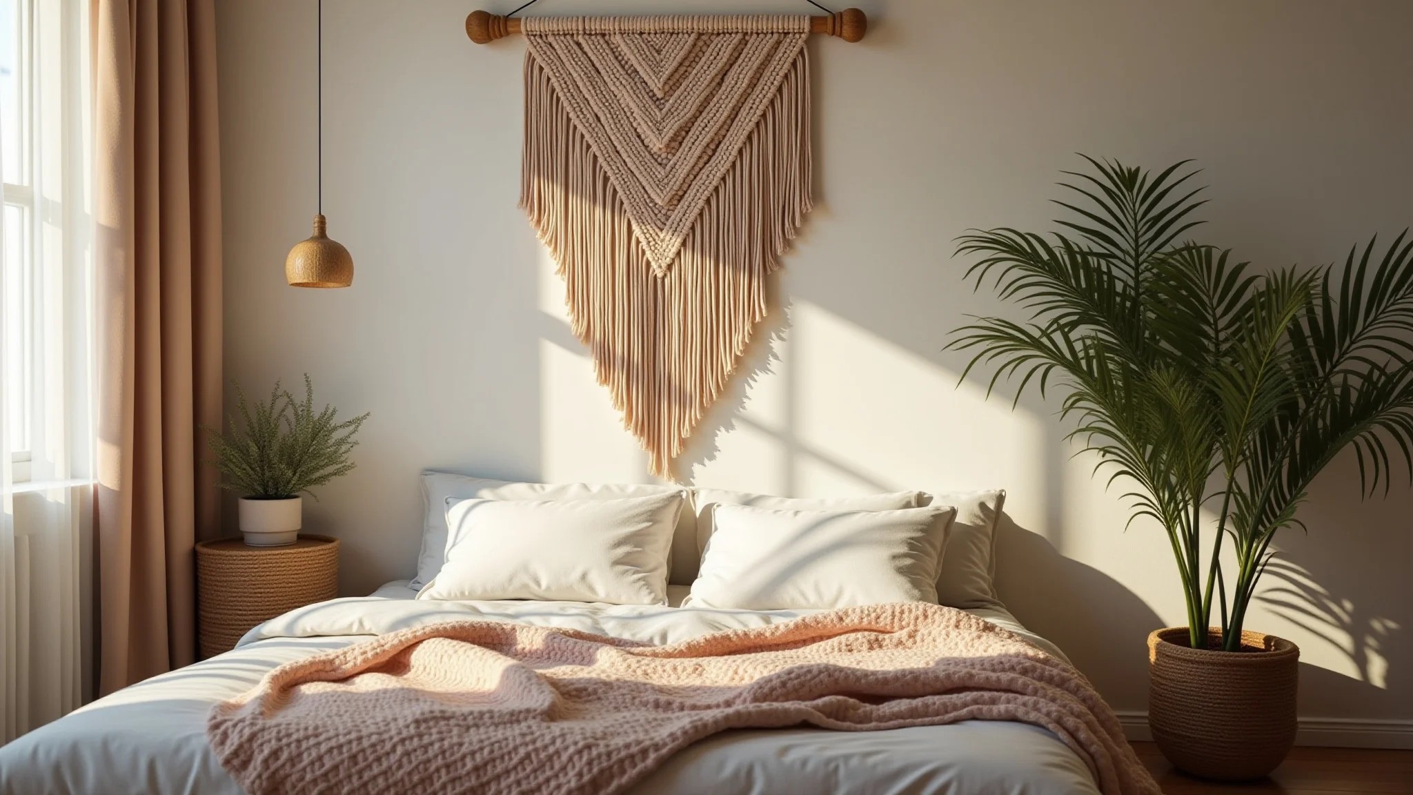 Quarto boho aconchegante com macramê na parede, iluminação suave e texturas naturais.