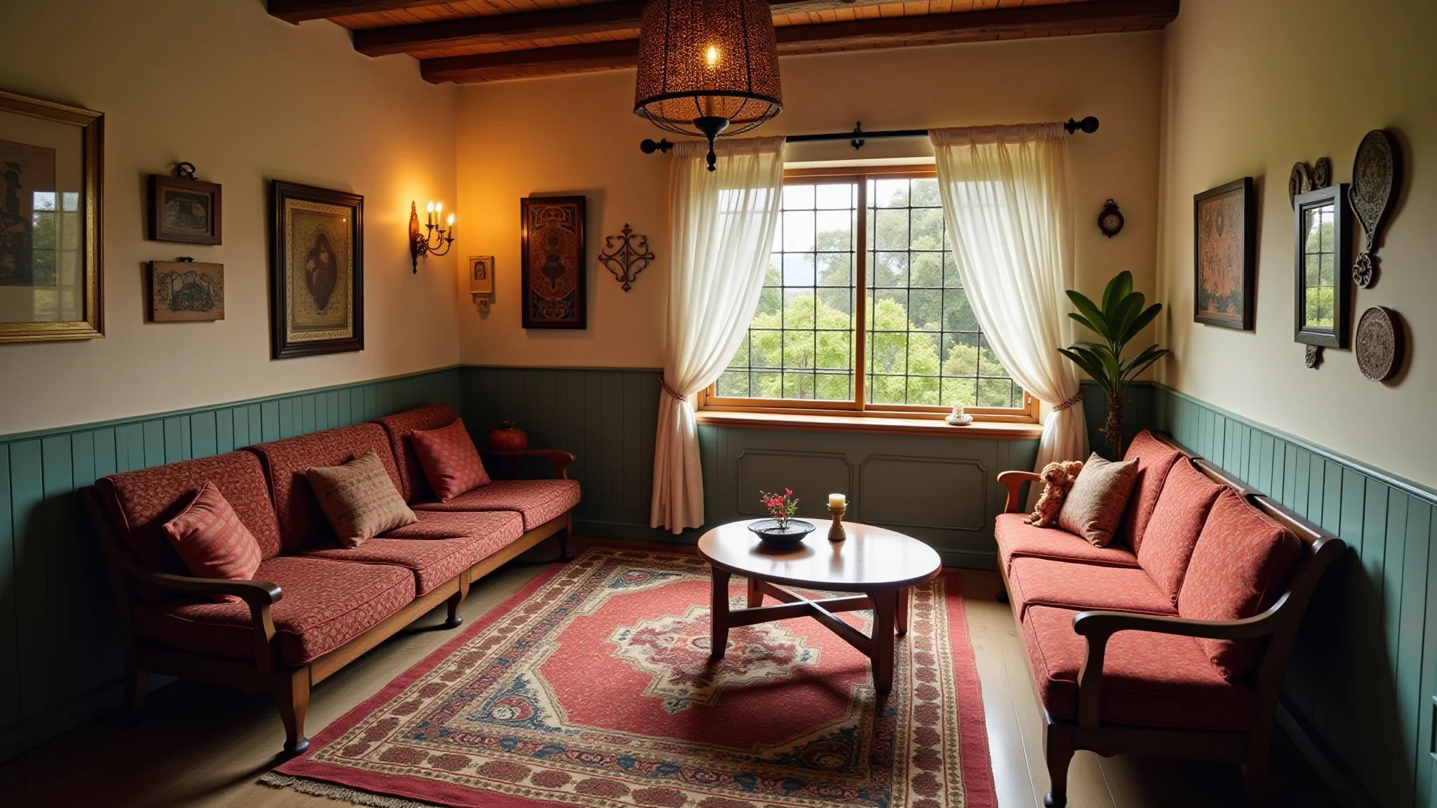 Canto boho aconchegante com móveis vintage, padrões étnicos e iluminação quente.