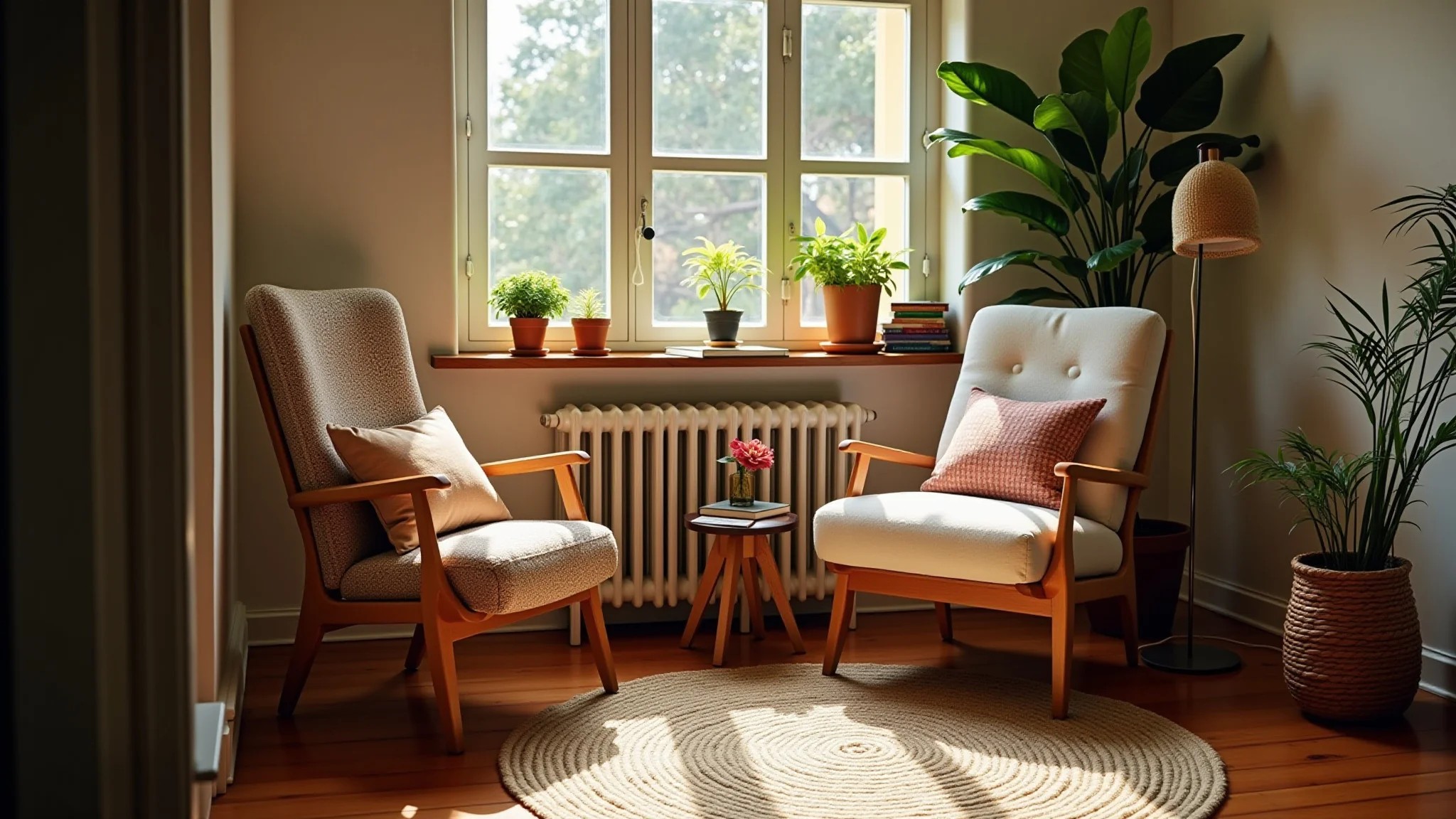 Cantinho de leitura boho aconchegante com poltrona confortável, luminária e plantas.