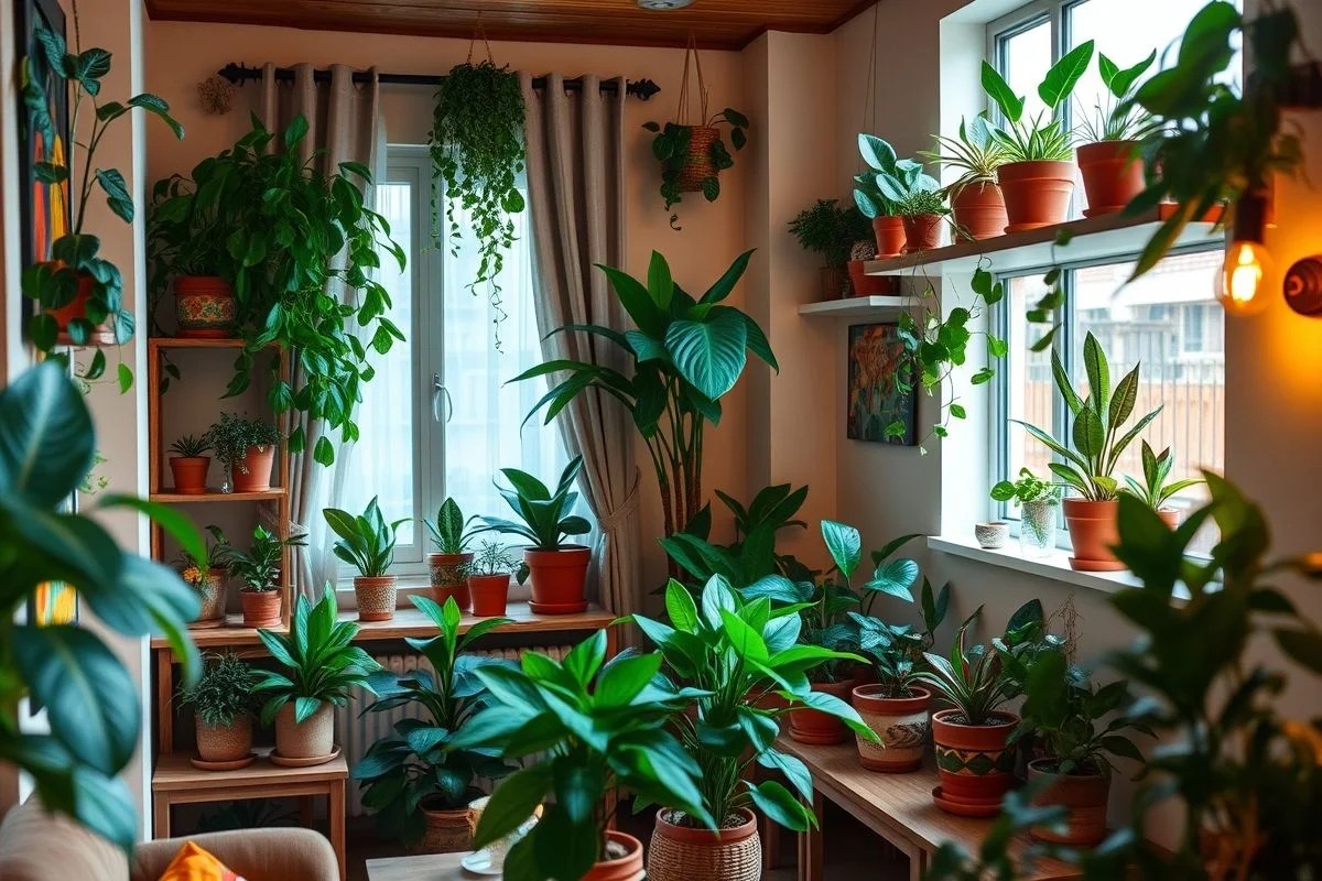 Apartamento brasileiro aconchegante com plantas, incluindo Zamioculcas, sob luz suave.