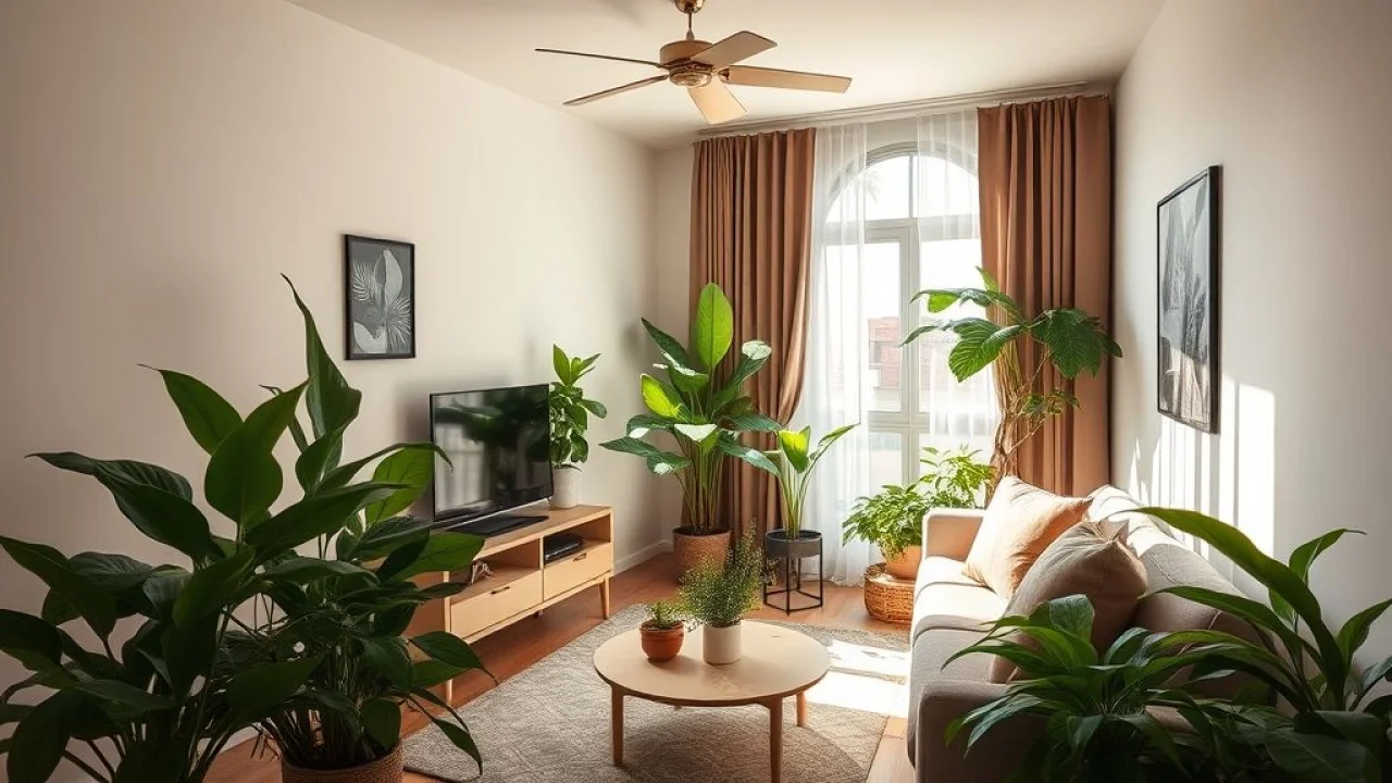 Sala de estar brasileira com plantas que amam pouca luz
