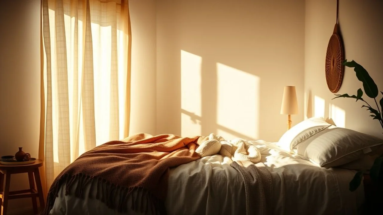 Quarto brasileiro aconchegante com iluminação indireta suave criando ambiente relaxante.