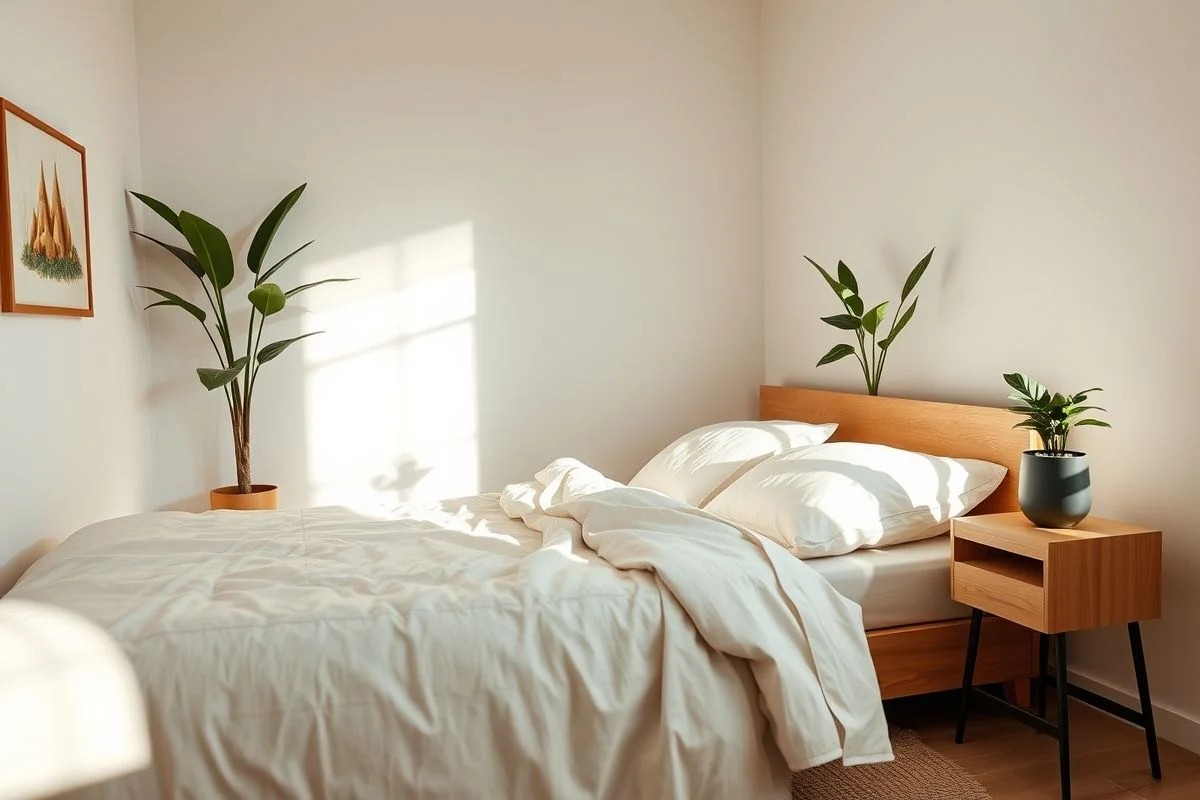 Quarto minimalista brasileiro com luz suave e detalhes em madeira, promovendo bem-estar.