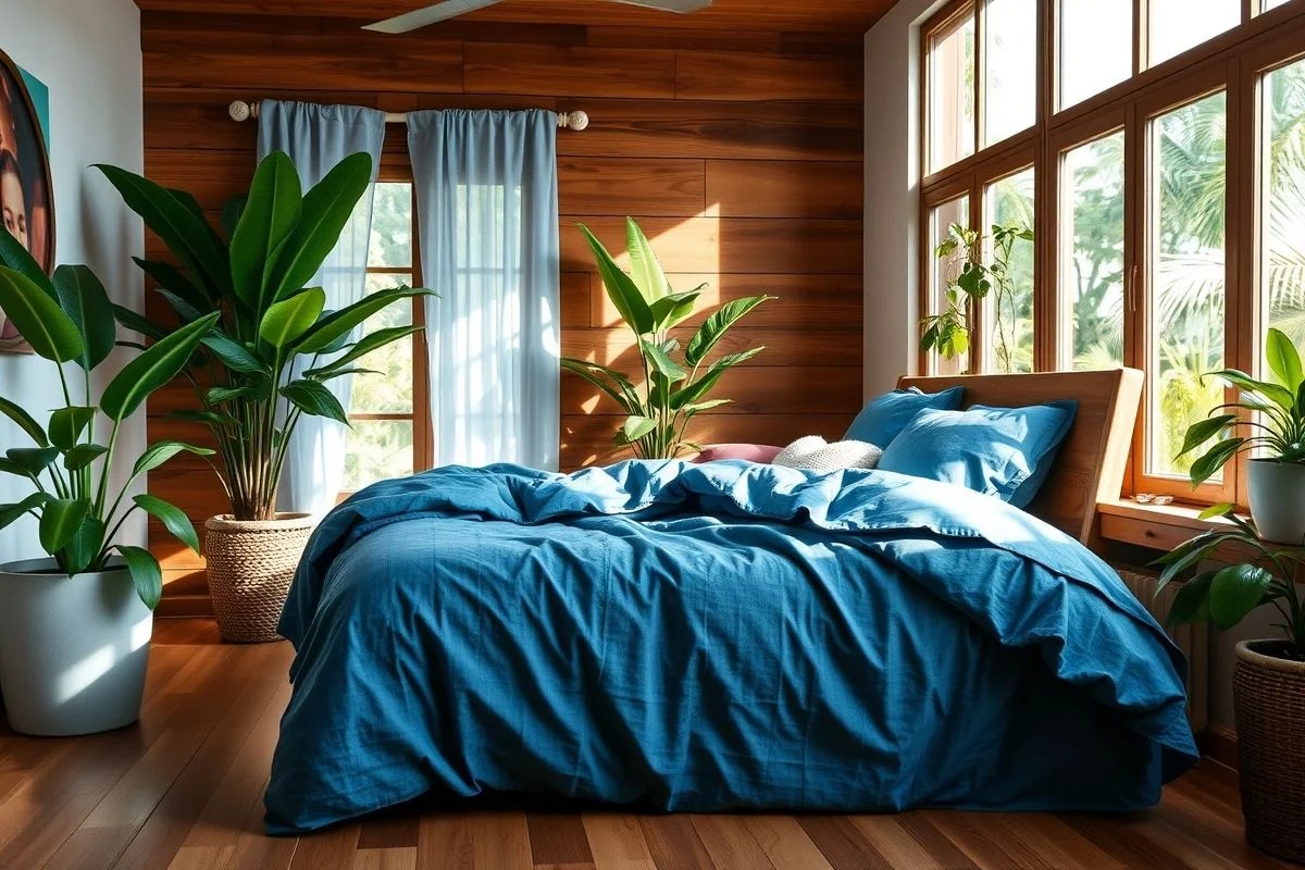 Quarto aconchegante brasileiro com roupa de cama azul jeans e detalhes em madeira