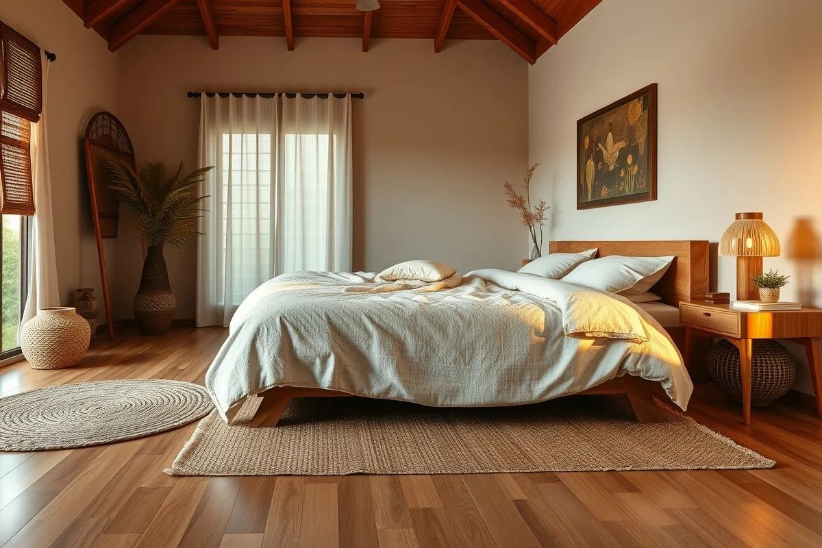 Quarto aconchegante com piso laminado flutuante e iluminação suave.