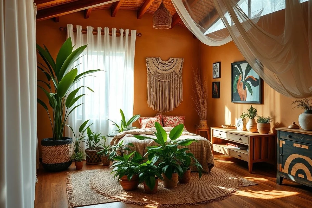 Quarto boho chic brasileiro com luz natural e detalhes em madeira.