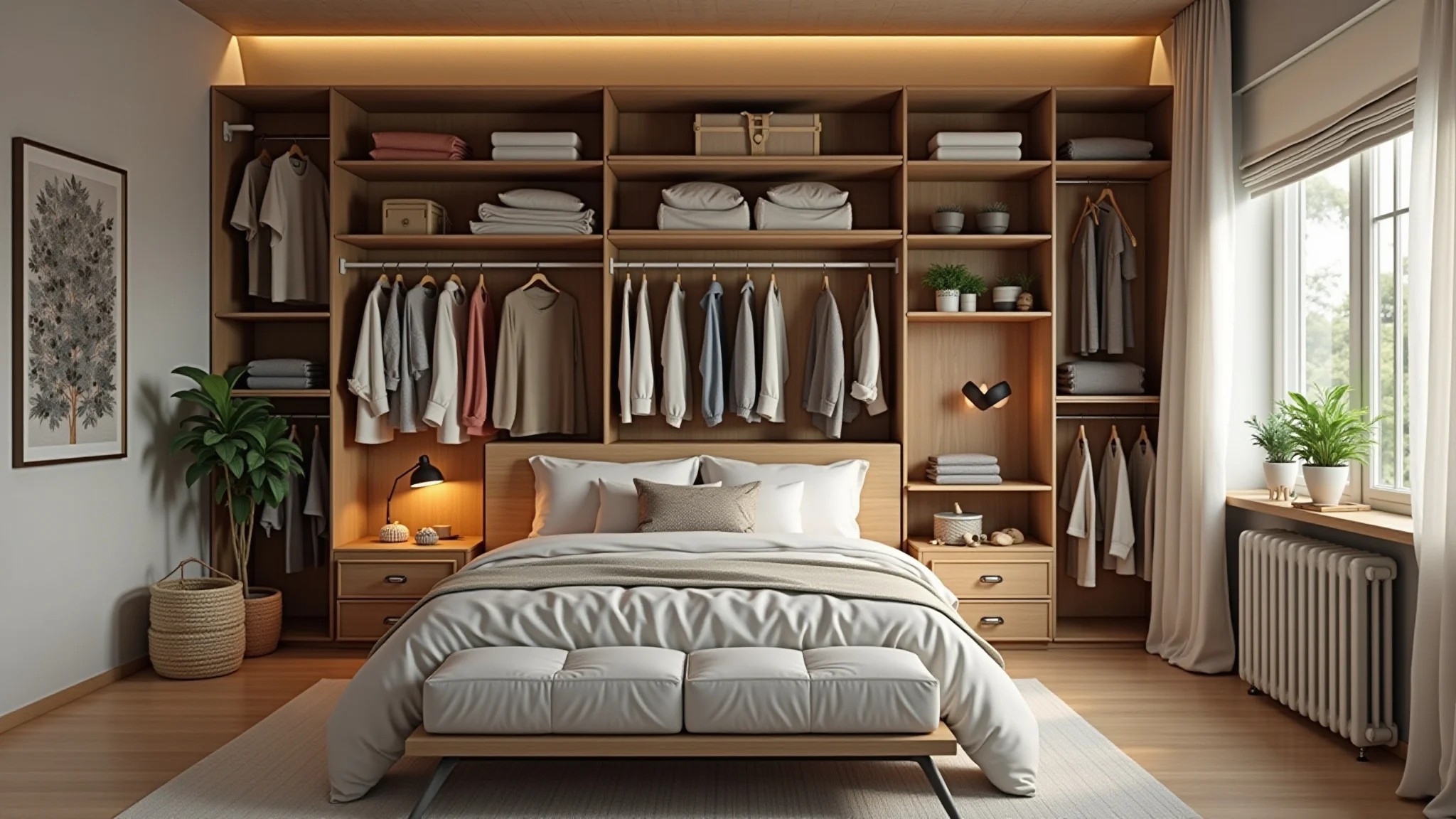 Quarto brasileiro com guarda-roupa modular e prateleiras personalizadas.