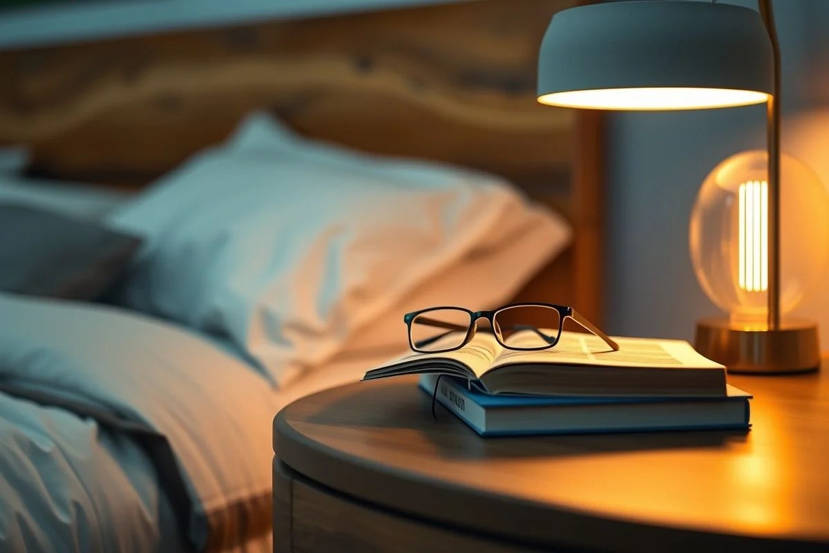 Mesa de cabeceira elegante com livro, óculos e luminária em quarto aconchegante brasileiro.