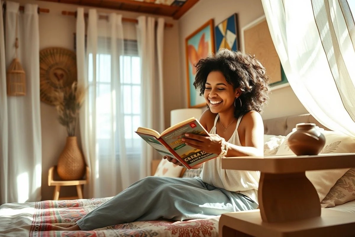 Quarto aconchegante com mesa de cabeceira DIY e mulher sorrindo.