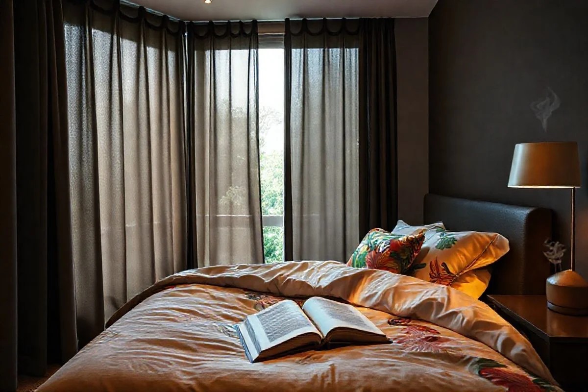 Quarto aconchegante: cortina blackout, difusor aromaterapia
